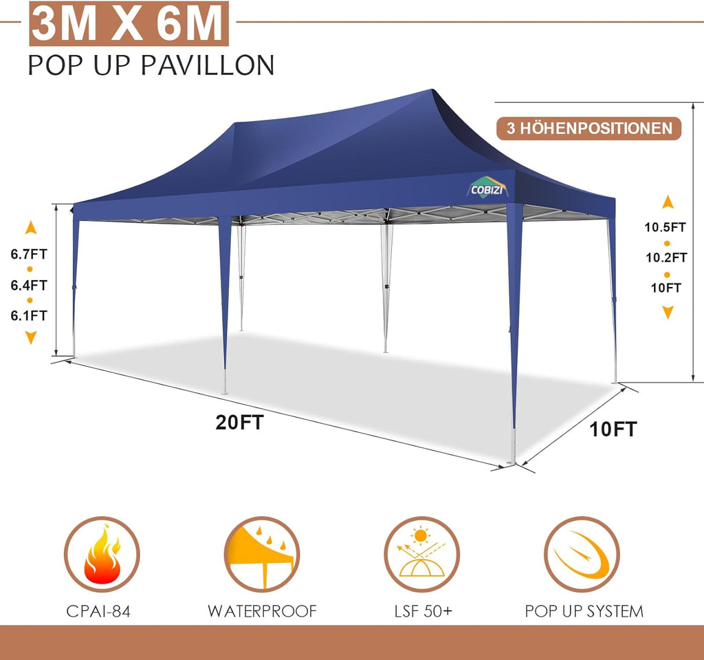 COBIZI Gazebo 3x6 Pieghevole Impermeabile Stabile con 6 Pareti Laterali a Cono Tenda per Feste 3 Altezze Regolabili Protezione UV Borsa per il Trasporto Picchetti, Corde per Giardino, Matrimoni, Mercati, Eventi all'Aperto