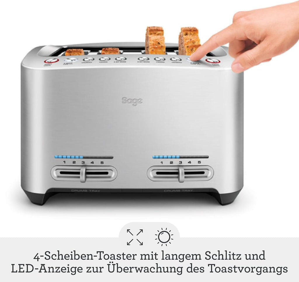 Sage - The Smart Toast - 2-Scheiben - Toaster mit Extra-Breiten Schlitzen - 5 Einstellungen, Schnelle Reinigung, Absenken auf Knopfdruck - Bräunungsgradkontrolle, Liftfunktion - Gebürstetes Aluminium