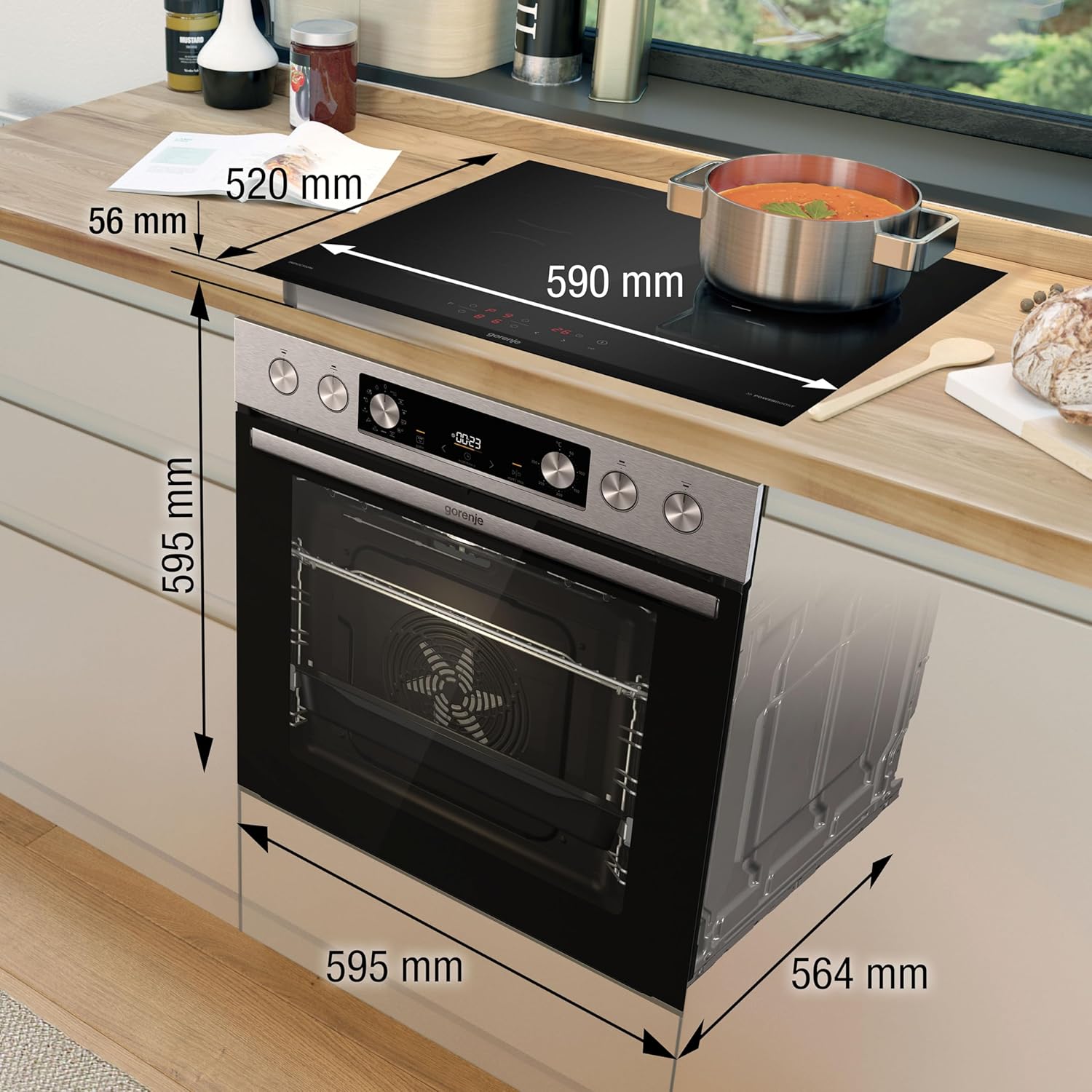 Gorenje Forno da Incasso con Piano Cottura in Vetroceramica, Set 4, Ventilato, Inox / 77 Litri / ExtraSteam / GentleClose & Open / EcoClean / AirFry / PizzaMode / PerfectGrill / Guide Telescopiche / Estetica Inox