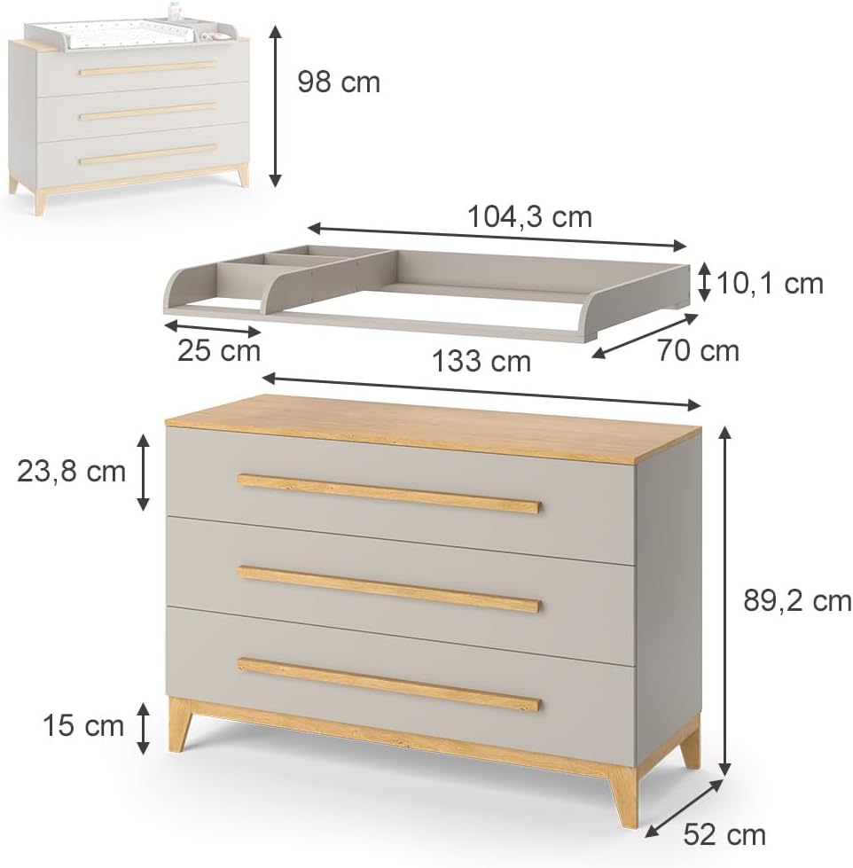 VitaliSpa Fasciatoio Malia, bianco/rovere, 133 x 98 cm XL con 3 cassetti