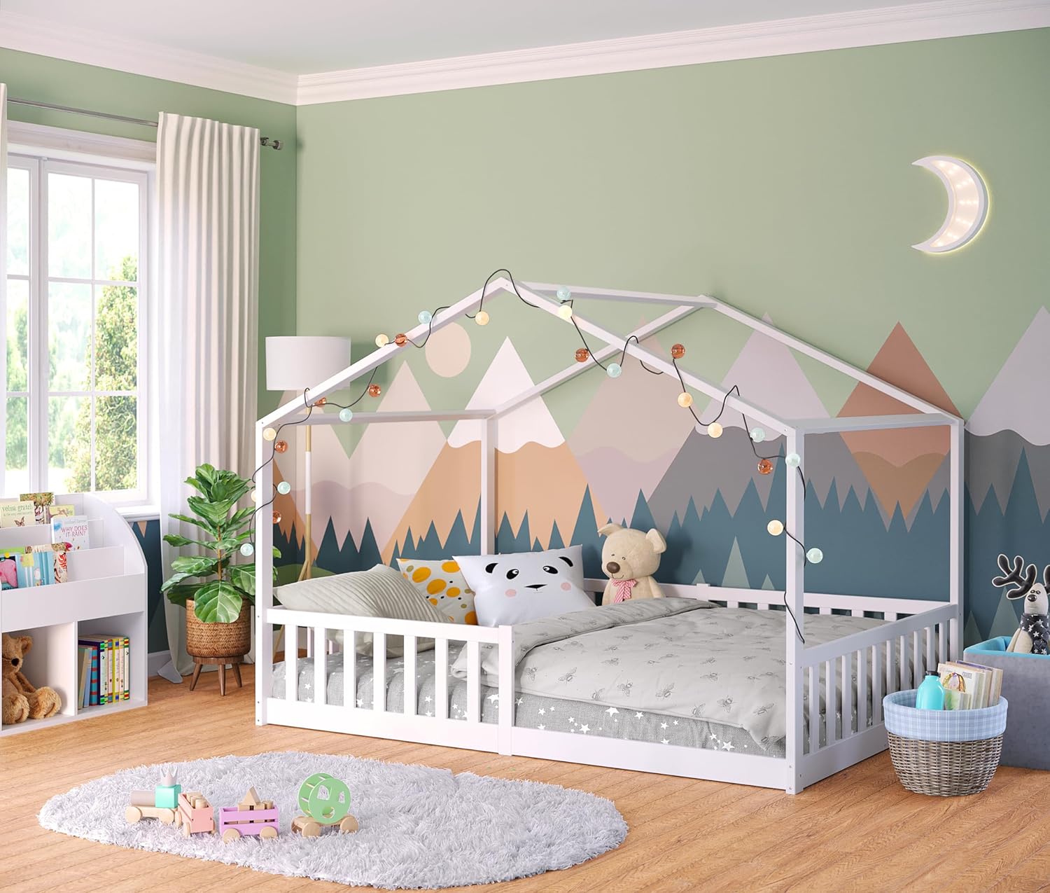 Bellabino Lettino per bambini Bia 140x200 cm, letto a capanna per bambini con protezione anticaduta e rete a doghe arrotolabile, letto a terra Montessori bianco in legno massello di pino