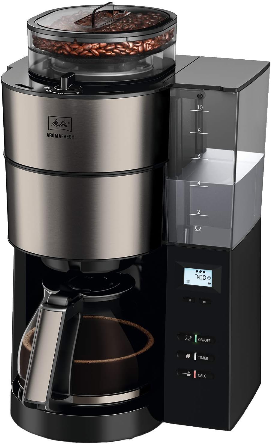 Melitta AromaFresh - Macchina da caffè con filtro - con caraffa in vetro - macinacaffè integrato - funzione timer - 10 tazze - Pure Black