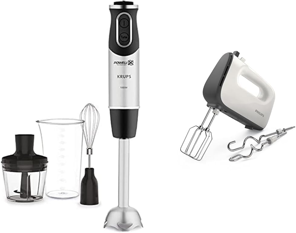Krups Perfect Mix Stabmixer HZ6568 | Blender | 1000 Watt | Edelstahlfu | 4 extra scharfe Messer | Powelix Technologie | Schneebesen | 500 ml Zerkleinerer | 800 ml Messbecher | Schwarz/Silber