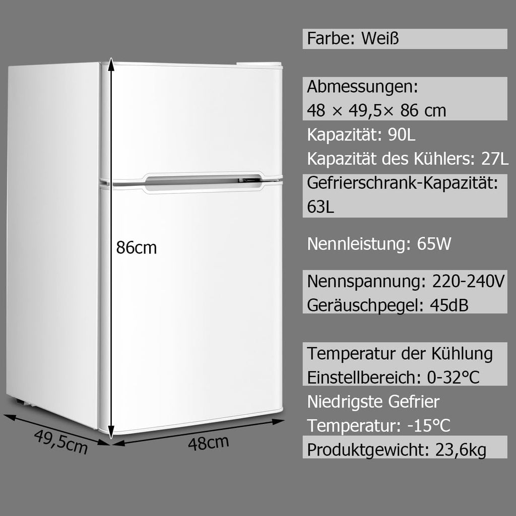 GOPLUS Frigorifero con congelatore - Combinazione frigo-congelatore / Capacità totale 90L, vano congelatore 27L / Termostato regolabile / Illuminazione interna a LED / Cerniera porta reversibile (Bianco)
