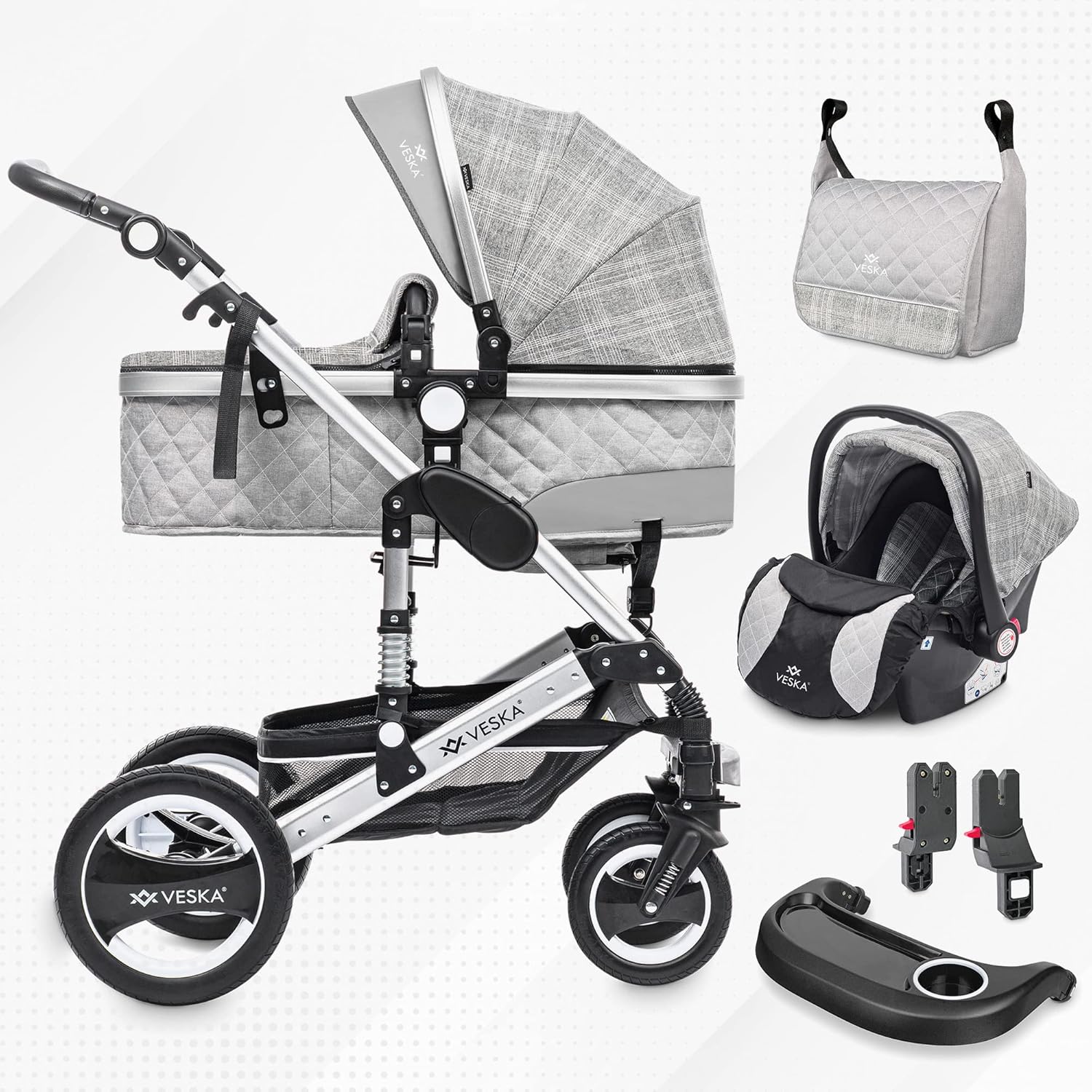 3 in 1 Kombi-Kinderwagen inkl. Babyschale, Buggy, Jogger mit Wickeltasche, Moskitonetz, Regencover, Spieltisch, Autoschale Fußsack, QuickFold, Aluminiumrahmen (Silber - anthrazit/grau)