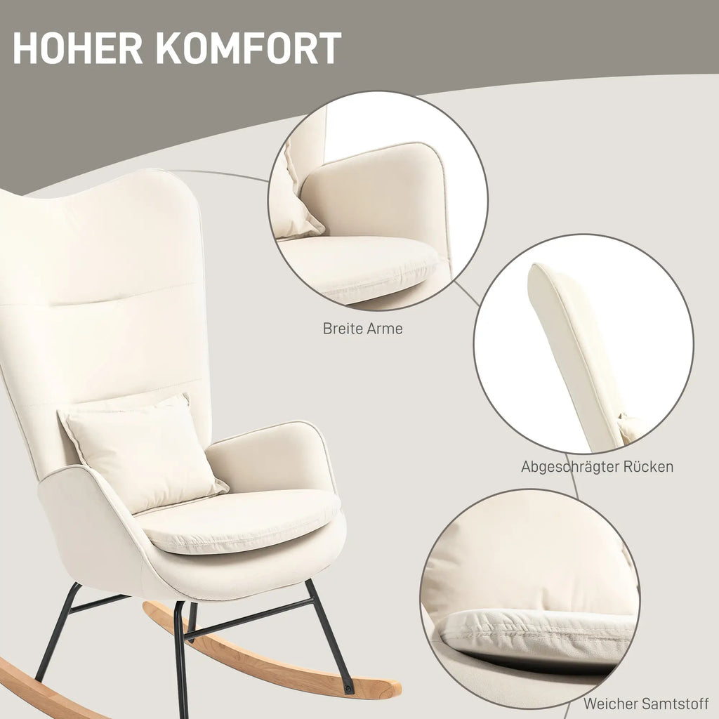 HOMCOM Sedia a Dondolo con Cuscino Lombare e Strisce in Feltro, Bianco Crema