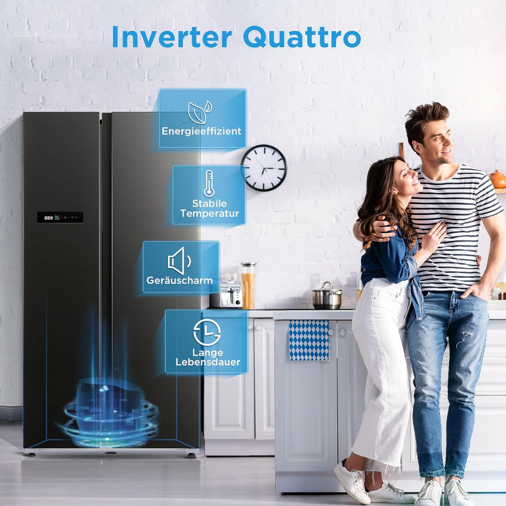 Midea KS-DDX 6.32 WT Frigorifero Side-by-Side con Congelatore/Altezza 178,8 cm/254 kWh/anno/No Frost/Compressore Dual Inverter/con Distributore di Acqua e Ghiaccio 3-in-1 e Serbatoio d'Acqua, Inox Scuro