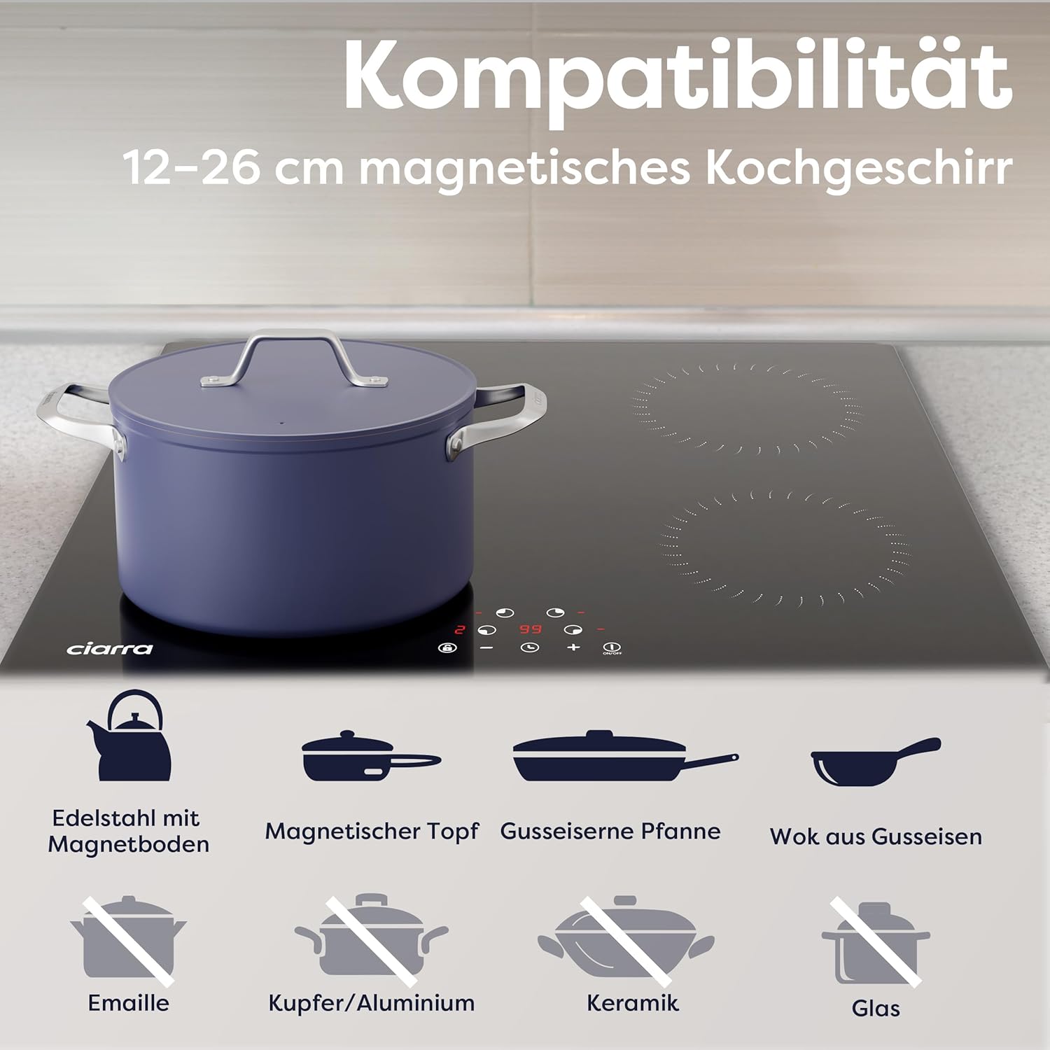 Ciarra CABBIH4-C 4 Zonen Einbau Induktionskochfeld 60cm Kochfeld Induktion Herdplatte Touch-Bedienung mit 4 Platten 9 Leistungsstufen Induktionskochplatte Timer 6000W