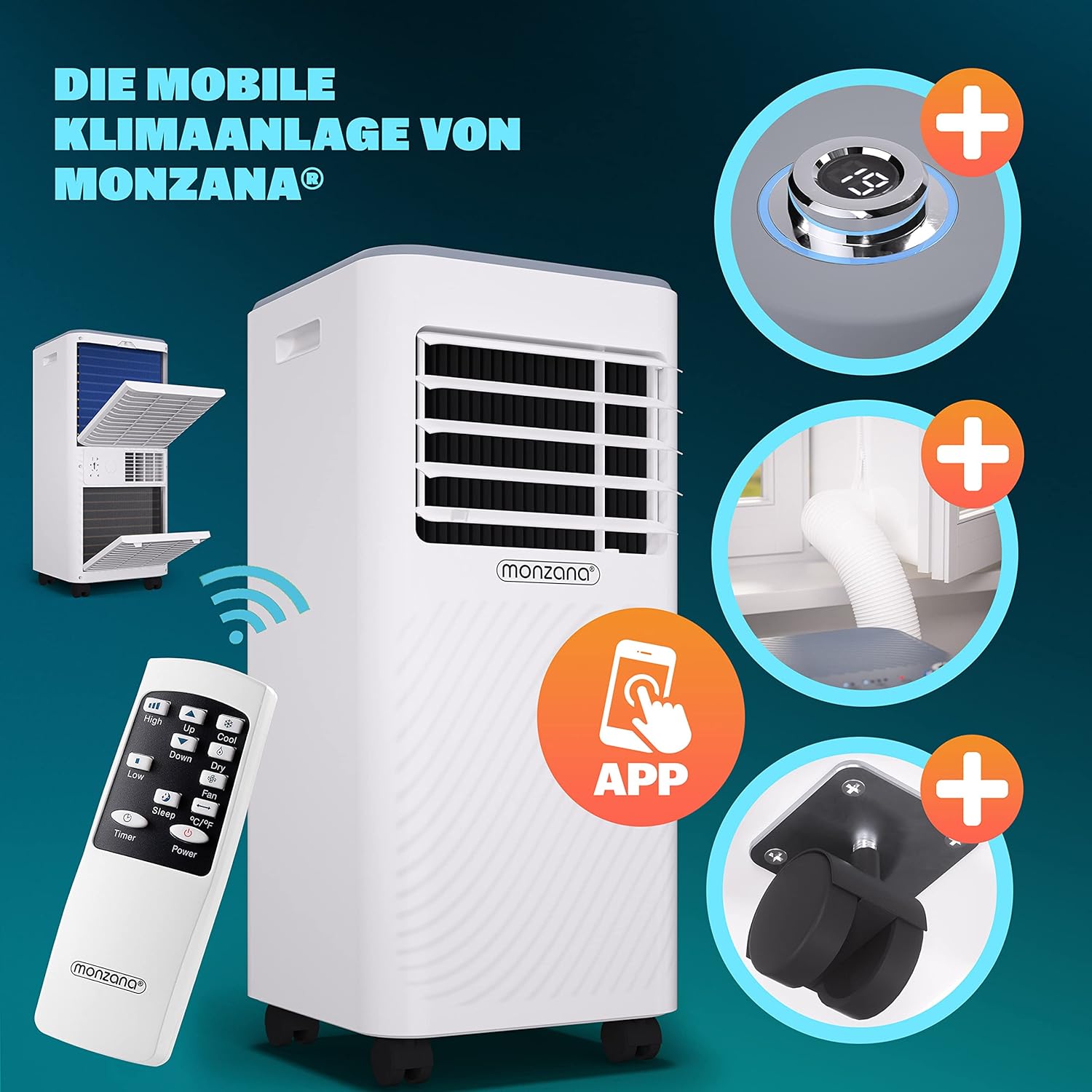 Monzana® climatizzatore portatile MZKA2000 tubo di scarico 7000BTU 3in1 750W timer 24h 25mq telecomando deumidificatore kit per tapparelle