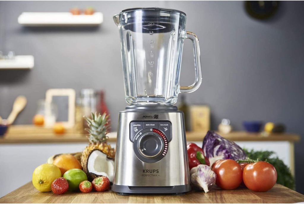 Krups KB403D Perfectmix + Hochleistungsstandmixer, 1.200W, 28.000 UpM, 2L Glasbehälter, 3 voreingestellte Programme, Powelix- Technologie, Edelstahl/Dunkelgrau