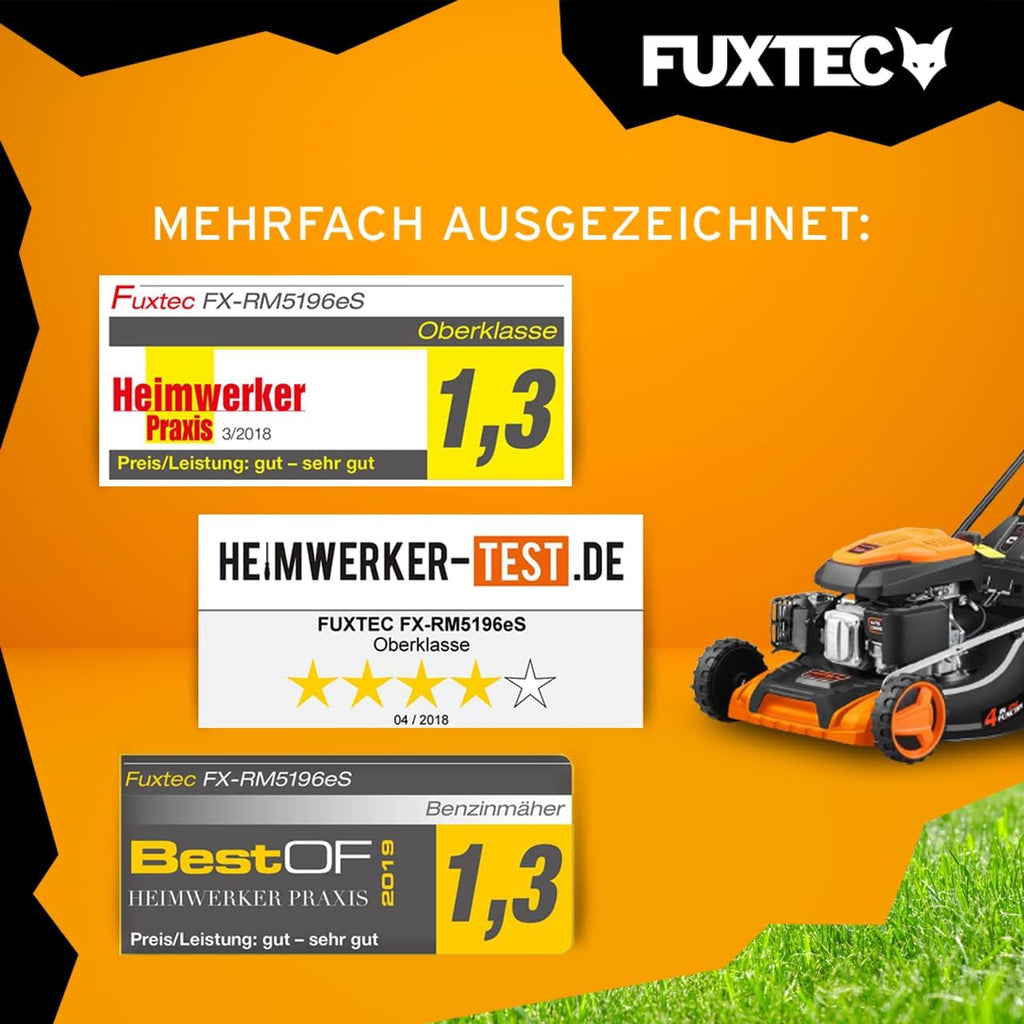 FUXTEC Tosaerba a Benzina 4in1 FX-RM5196eSPRO con Avviamento Elettrico e Trazione Regolabile, Rasaerba con Paraurti Anteriore, Larghezza di Taglio 51 cm, Ruote Big Wheel con Cuscinetti a Sfera, Cesto Raccoglierba da 60L