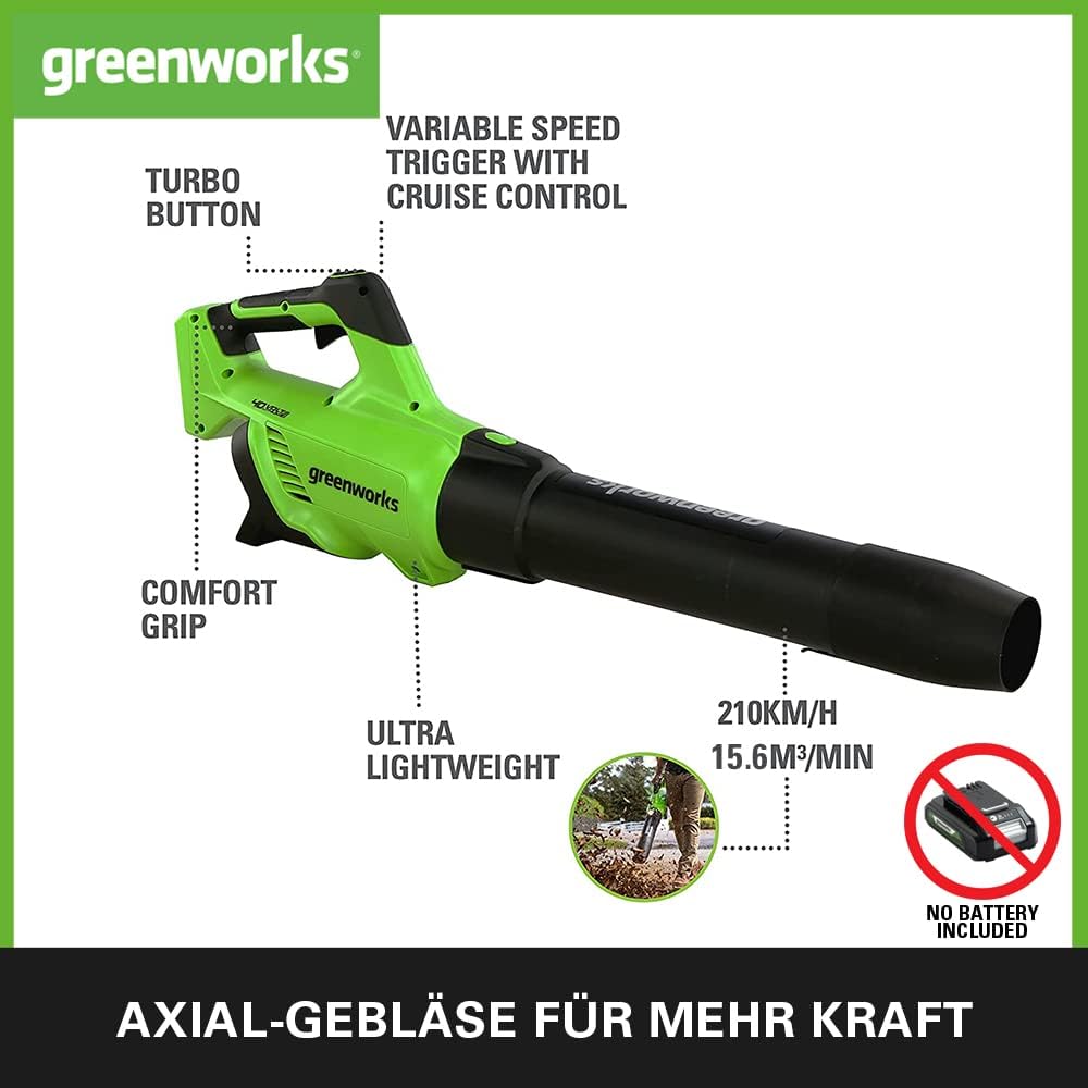 Greenworks G40ABK2 Axial Laubblser mit Tempomat, 177 km/h, 11,05 m/min, 40V 2Ah Batterie & Ladegert, 3 Jahre Garantie