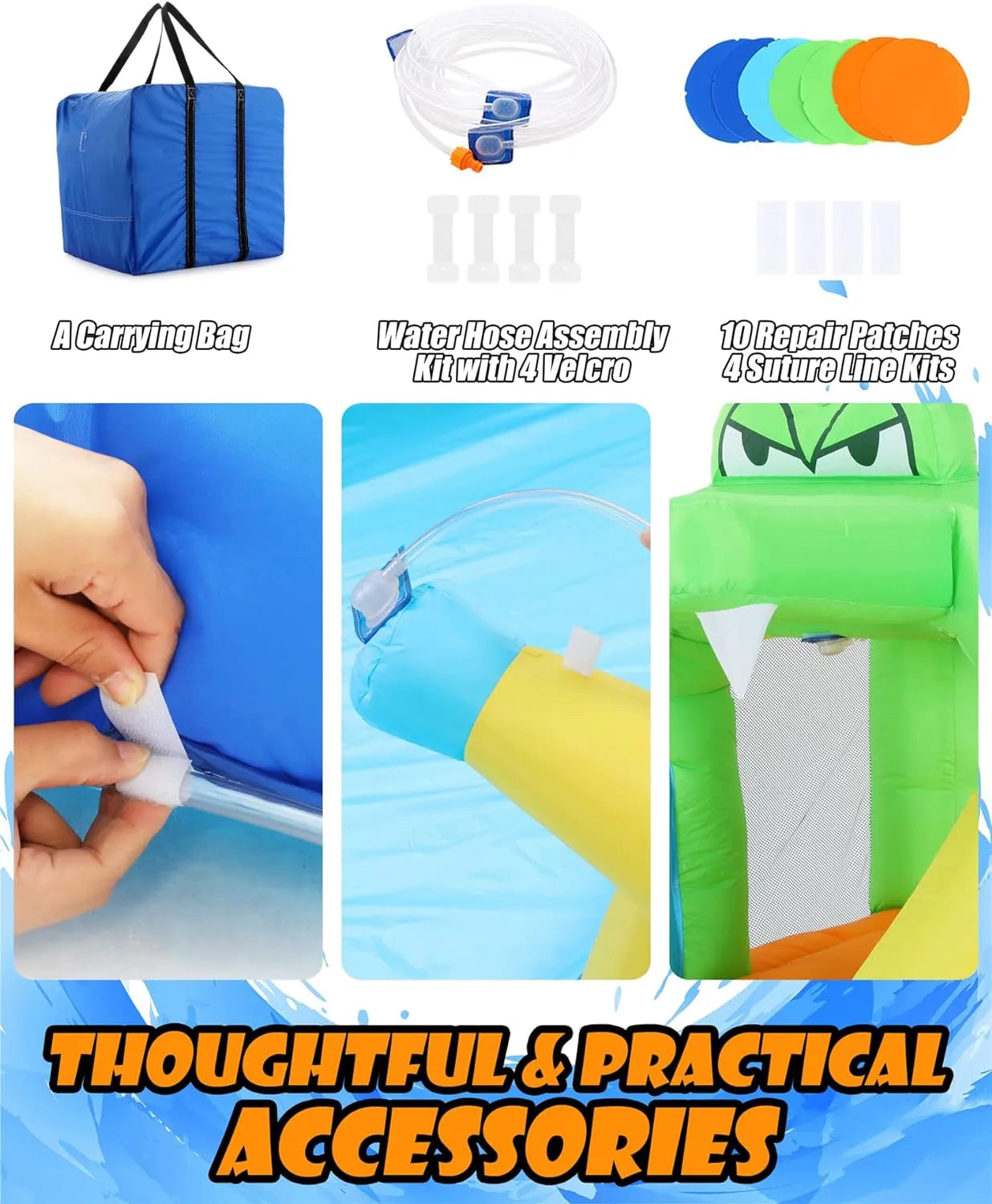 Scivoli d'acqua gonfiabili per bambini, parco acquatico gonfiabile 8-in-1 con soffiatore da 450 W, parete da arrampicata, piscina, 2 cannoni ad acqua, canestro da basket, scivolo ad acqua, irrigatore a coccodrillo come regalo per una festa in giardino