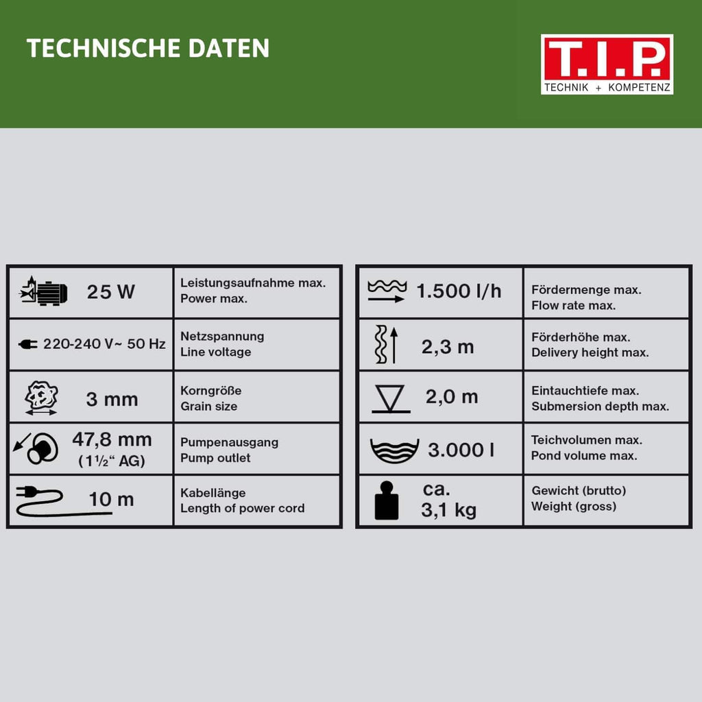 T.I.P. Teichpumpe - Bachlaufpumpe (20.000 l Teichvolumen, 8.000 l/h Fördermenge, 4,5 m Förderhöhe, Auch für Wasserfälle und Filtersysteme, intregrierter Förderleistungsregler) BPF 8000 E, 30428