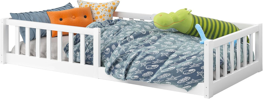 Bellabino Vere Letto a Pavimento 140x200 Montessori, Letto Matrimoniale con Protezione Anticaduta e Rete a Doghe, Letto per Bambini e Bambine in Legno Massello di Pino Bianco con Sbarre