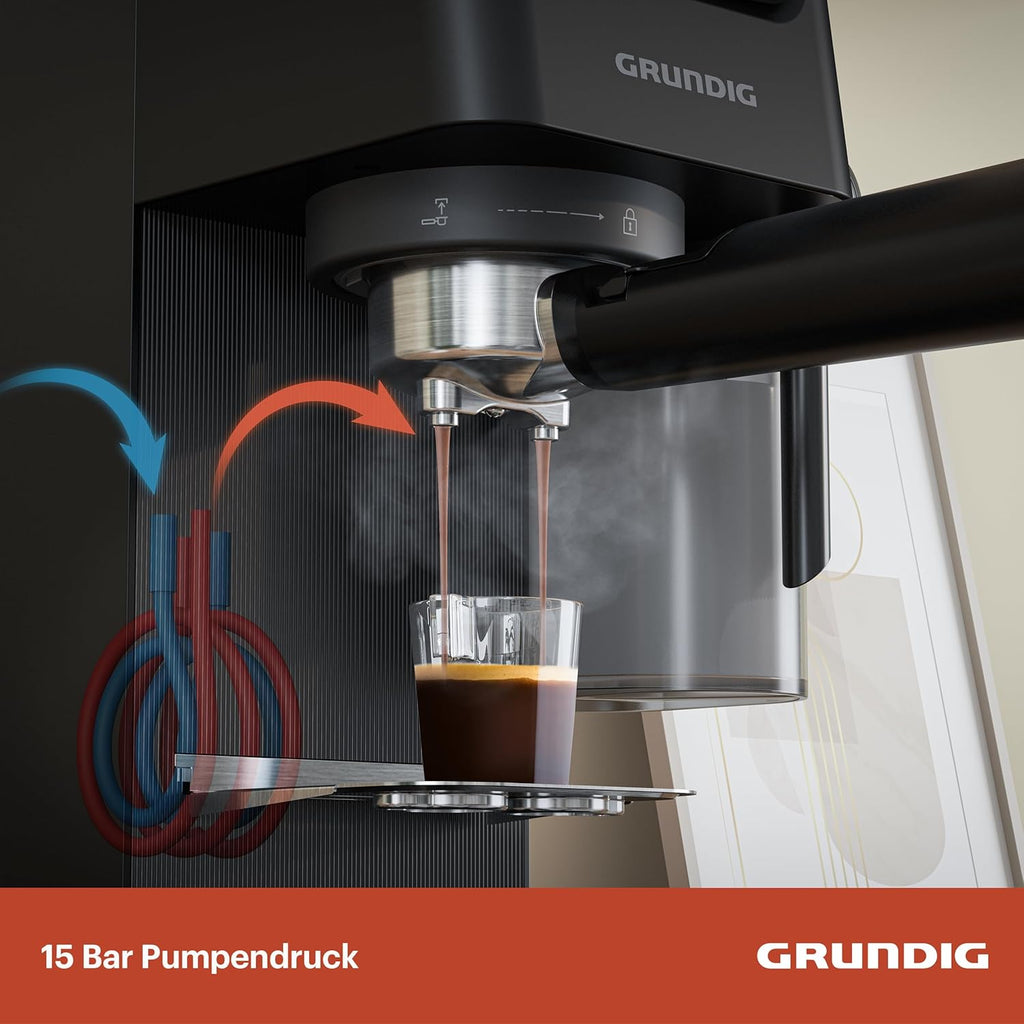 GRUNDIG KSM 5330 Macchina da caffè con portafiltro e contenitore per il latte integrato, 1628 W di potenza, 15 bar di pressione della pompa, ugello doppio, display touch a colori, BrewSense, CreamyPro, Inox scuro/Nero