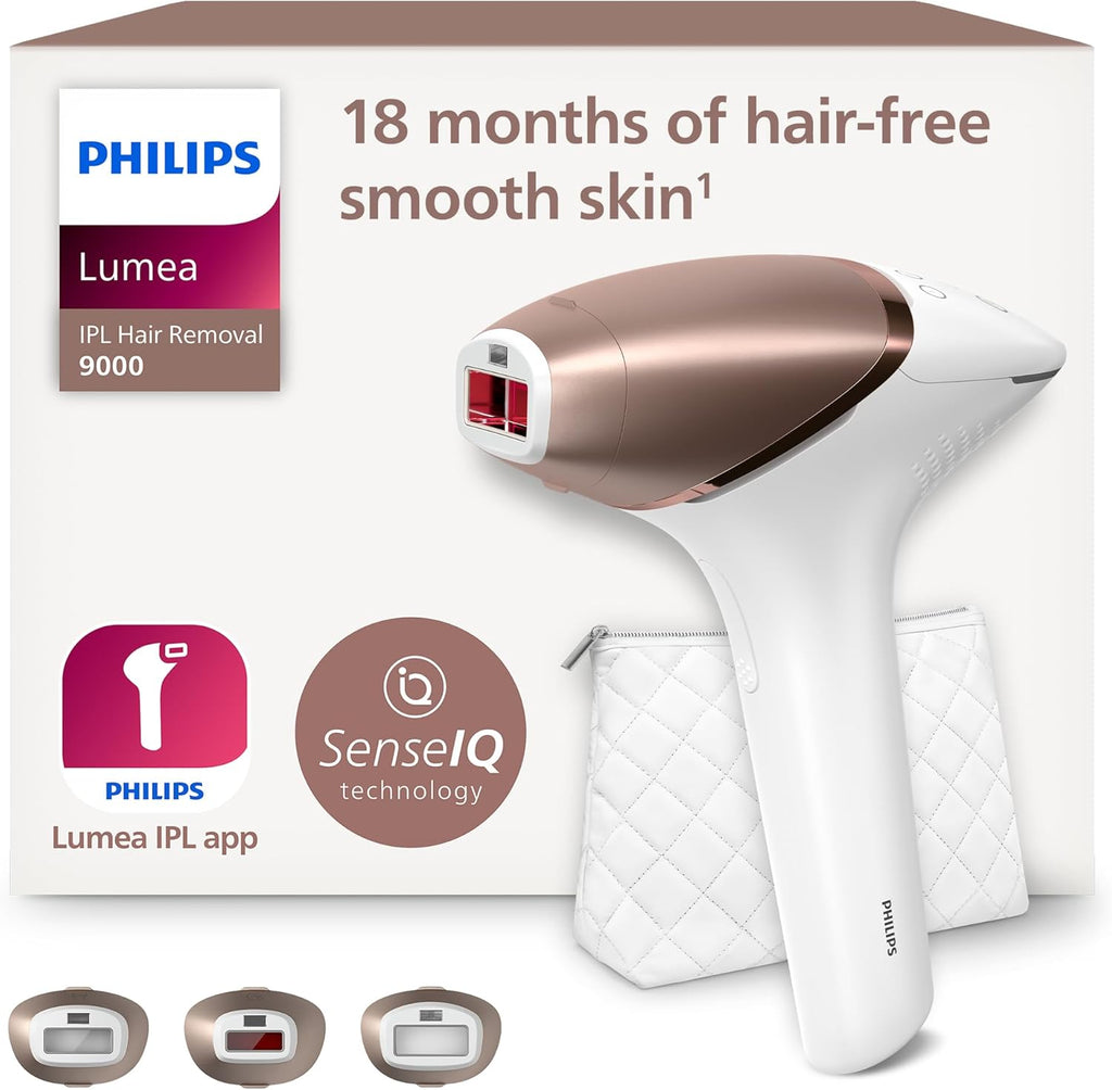 Philips Lumea IPL Serie 9000 – Epilatore a luce pulsata con tecnologia SenseIQ, 3 accessori per corpo, viso e zone di precisione, senza fili (modello BRI955/00)