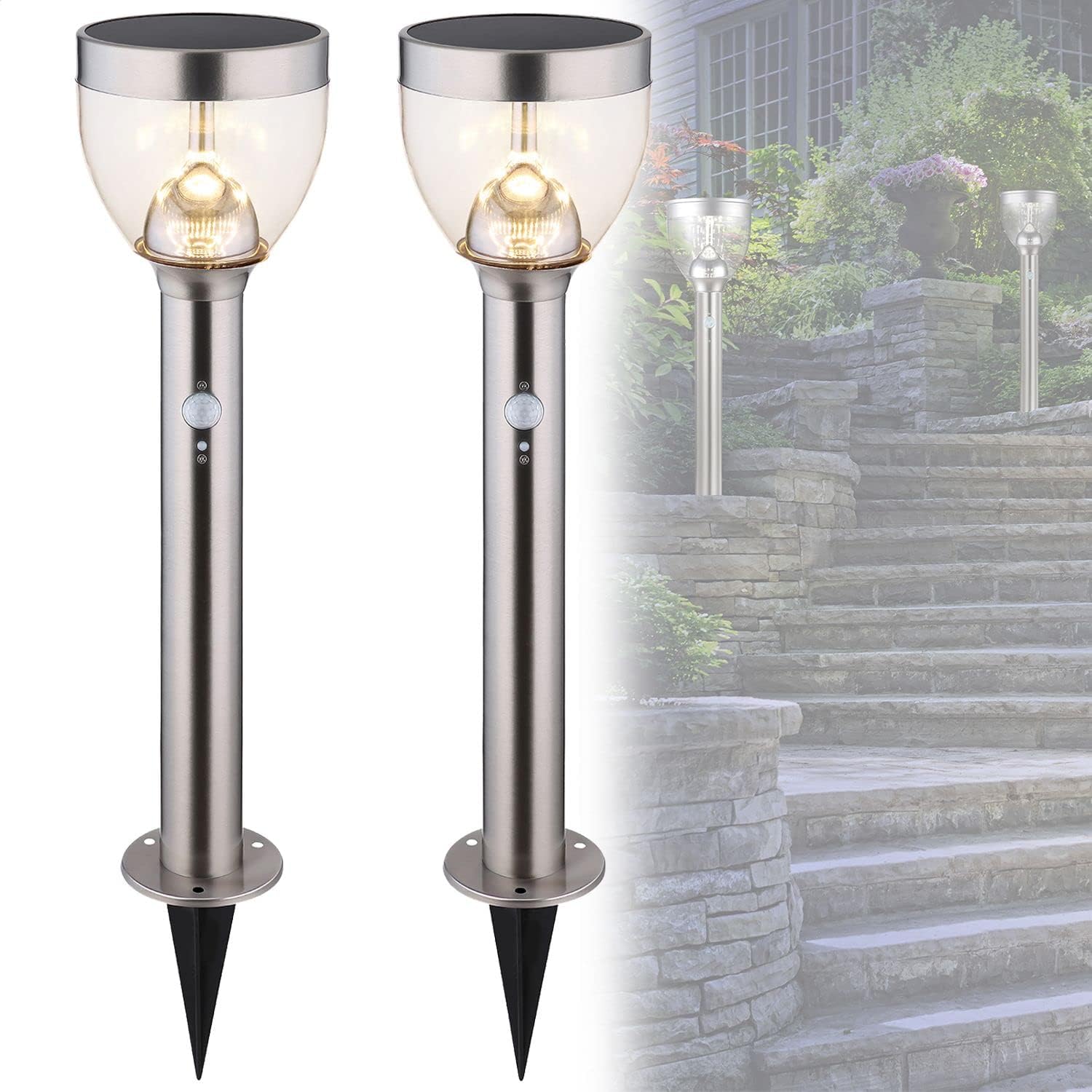 Solarlampen mit Sensor Garten Set 2 Stück - Solarleuchten Wegeleuchten Außen mit Bewegungsmelder - Solarlampe Höhe 55 cm - Außenleuchte Edelstahl - Solarleuchte Gartenlampe Solar Wetterfest