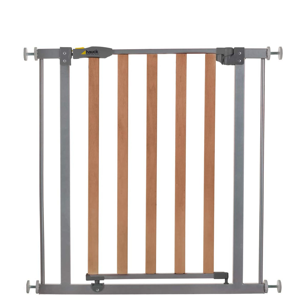 hauck Treppenschutzgitter / Türschutzgitter mit Holzoptik Woodlock 2 mit 9 cm Verlngerung für Breiten 84 - 89 cm, ohne Bohren, 0-24 Monate, Einhndiges ffnen, Beidseitig Schwenkbar, Metall (Silver)