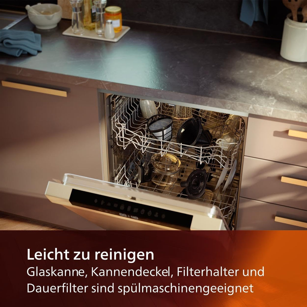 Philips Macchina da caffè con filtro All-in-1 - macinacaffè conico integrato per caffè appena macinato - doppio contenitore per chicchi, caraffa in vetro da 1,25 l, impostazione personalizzata dell'intensità (HD7900/50)