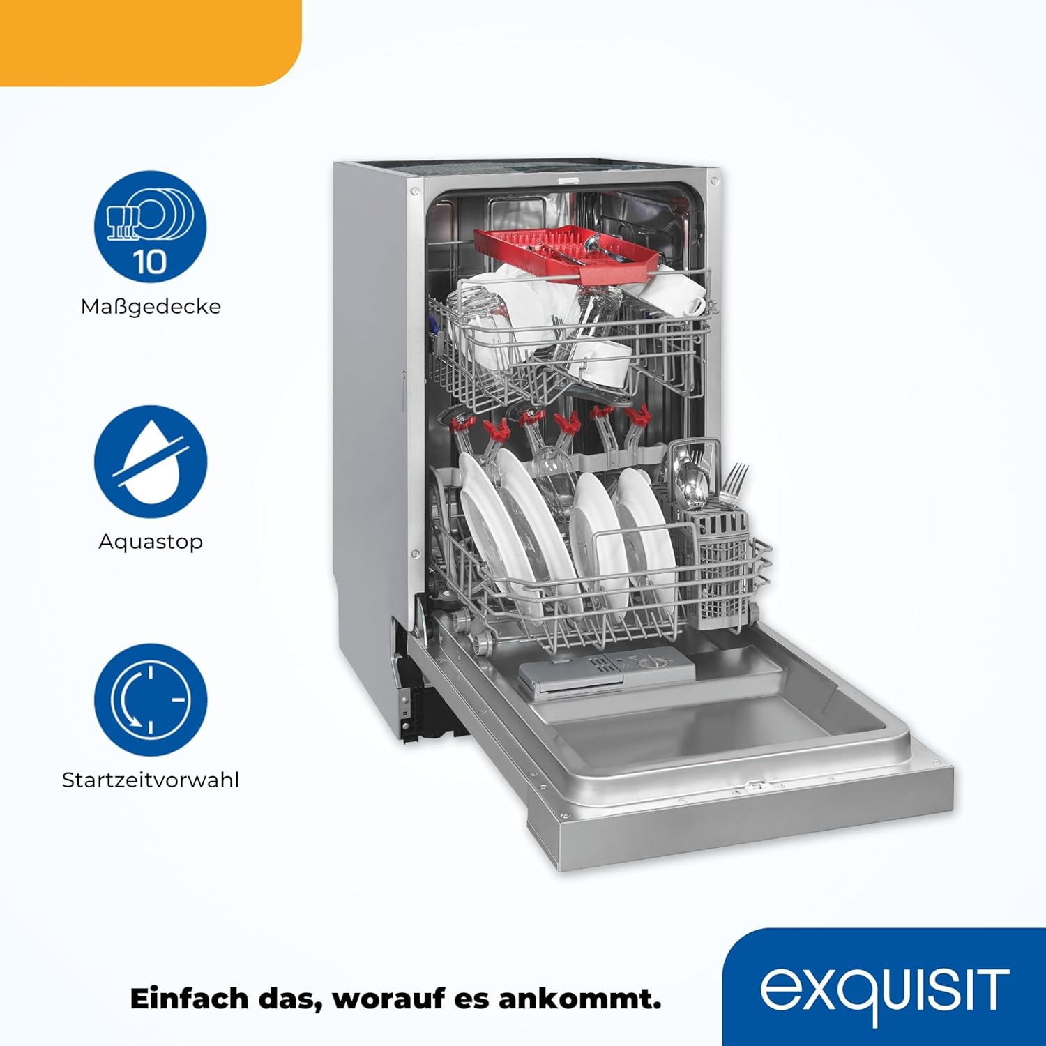 Lavastoviglie Exquisit, 45 cm di larghezza, parzialmente integrata, 9 coperti, 9 litri, partenza ritardata, modalità ECO, lavastoviglie 45 cm, EGSP51009-EB-030E inox