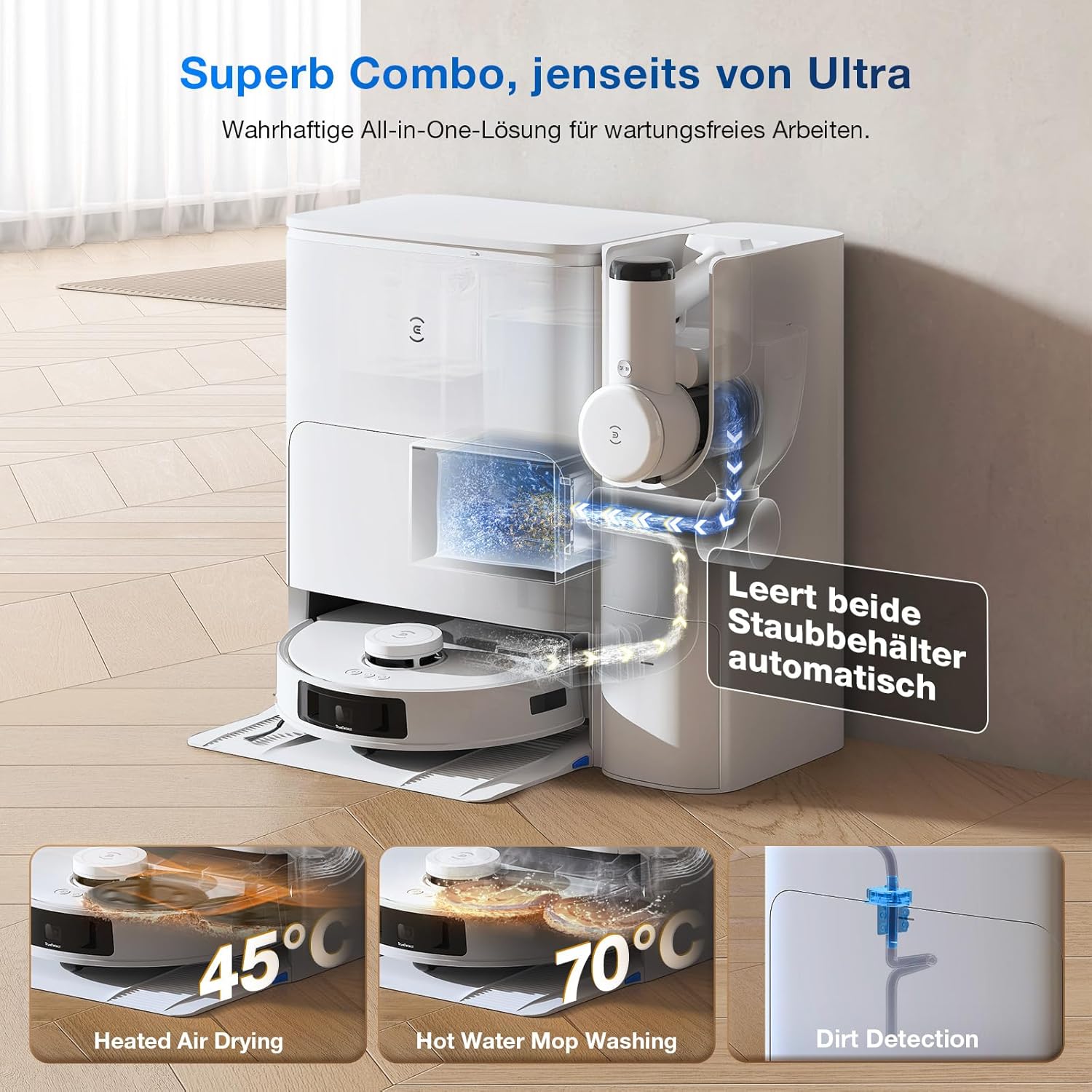 ECOVACS DEEBOT T30S Combo Robot aspirapolvere con funzione di lavaggio e aspirapolvere portatile a batteria, stazione di pulizia tutto in uno, 11000Pa, tecnologia ZeroTangle, pulizia dei bordi TruEdge, lavaggio del mop con acqua calda
