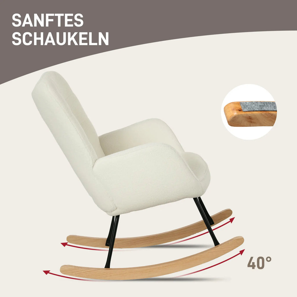 HOMCOM Schaukelstuhl Berbervliesoptik Holzkufen Weiß Entspannung
