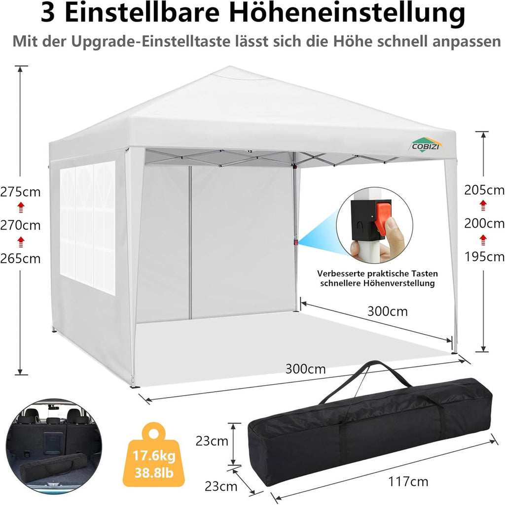 COBIZI Gazebo 3x6 Pieghevole Impermeabile Stabile con 6 Pareti Laterali a Cono Tenda per Feste 3 Altezze Regolabili Protezione UV Borsa per il Trasporto Picchetti, Corde per Giardino, Matrimoni, Mercati, Eventi all'Aperto
