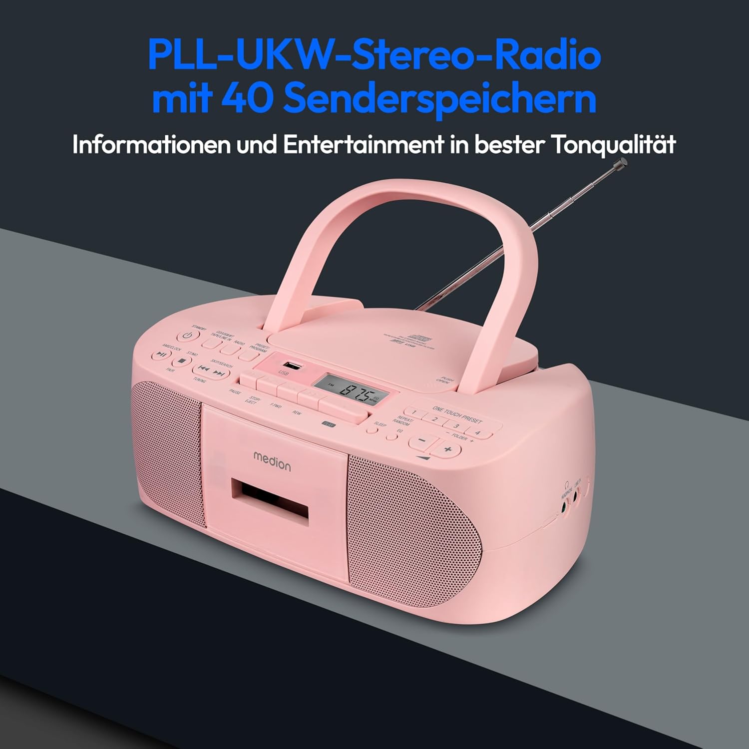 MEDION E65010 Radioregistratore stereo (lettore CD, cassetta, porta USB, ingresso audio AUX, riproduzione MP3, radio PLL FM, 40 stazioni memorizzabili, funzionamento a batteria, telecomando) bianco