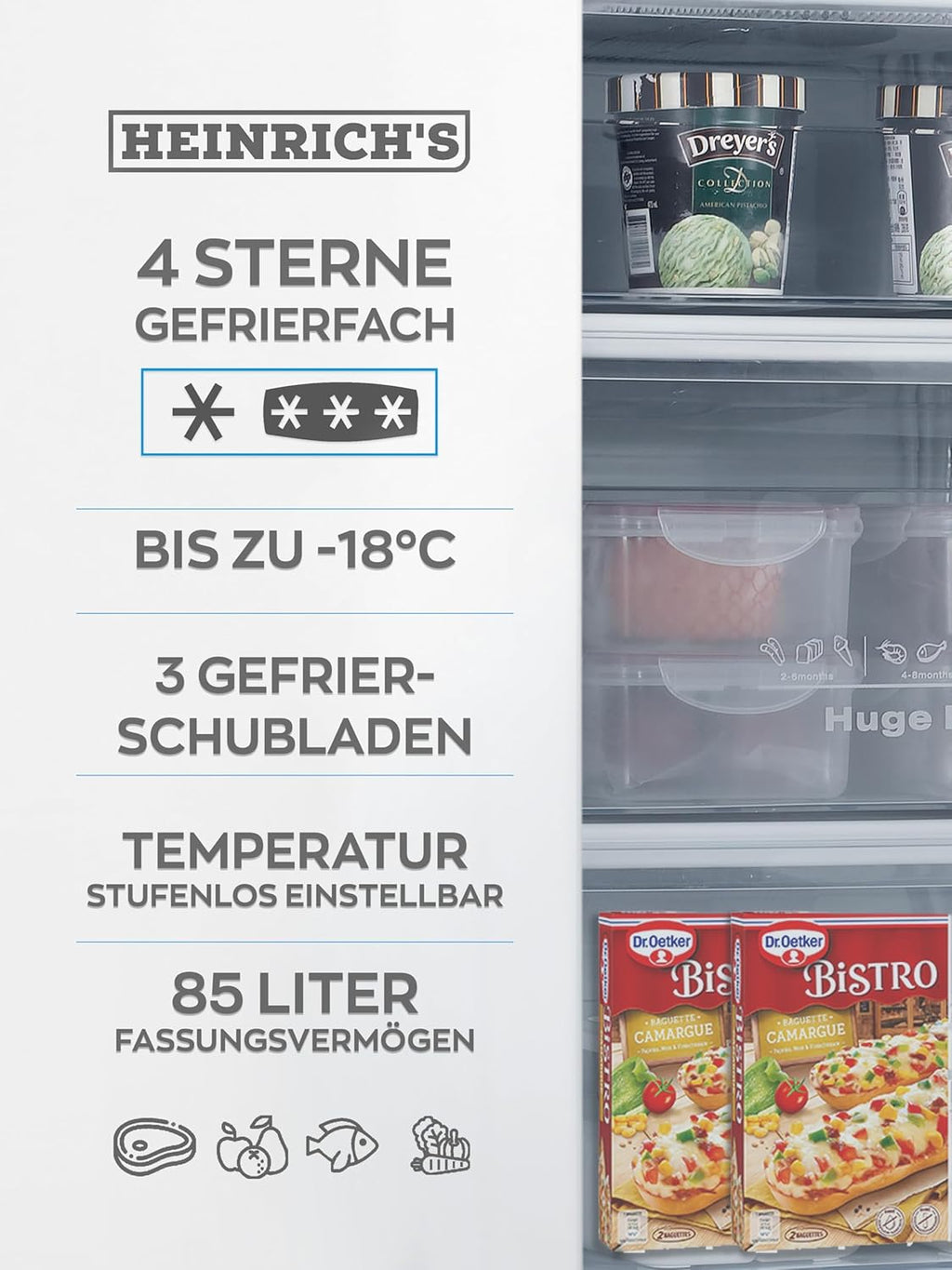 Congelatore Heinrich 61 litri -18°C, 3 cassetti congelatore, regolatore temperatura a 7 livelli, Airflow, porta reversibile, bianco