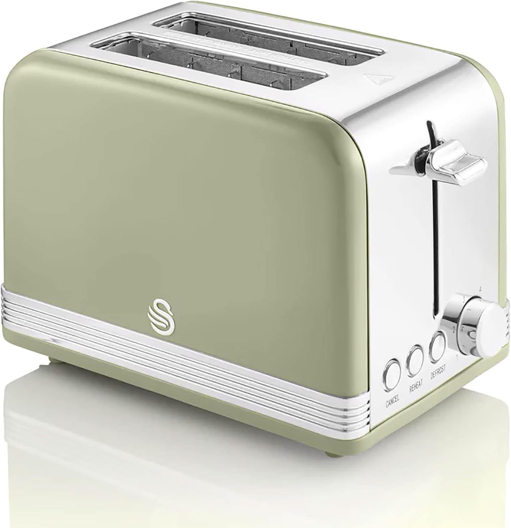 Swan Retro Set Colazione, Bollitore 1,8 l, Tostapane a 2 Fessure Larghe, Microonde Digitale 20 l, 6 Livelli di Potenza, Timer, Sportello a Specchio, Design Vintage, Verde, Taglia Unica