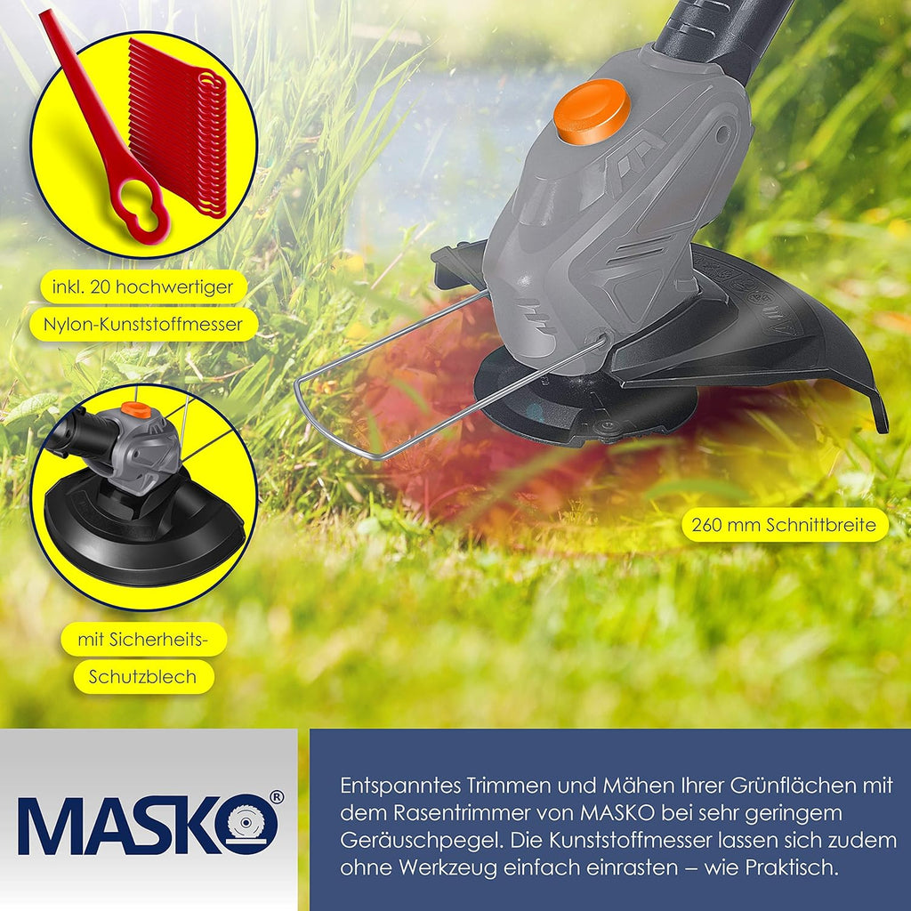 MASKO Decespugliatore a batteria con batteria al litio da 20 V, batteria da 2,0 Ah e caricabatterie, larghezza di taglio 26 cm, angolo di taglio 180°, manico telescopico e impugnatura aggiuntiva, incl. 20 lame in plastica, grigio