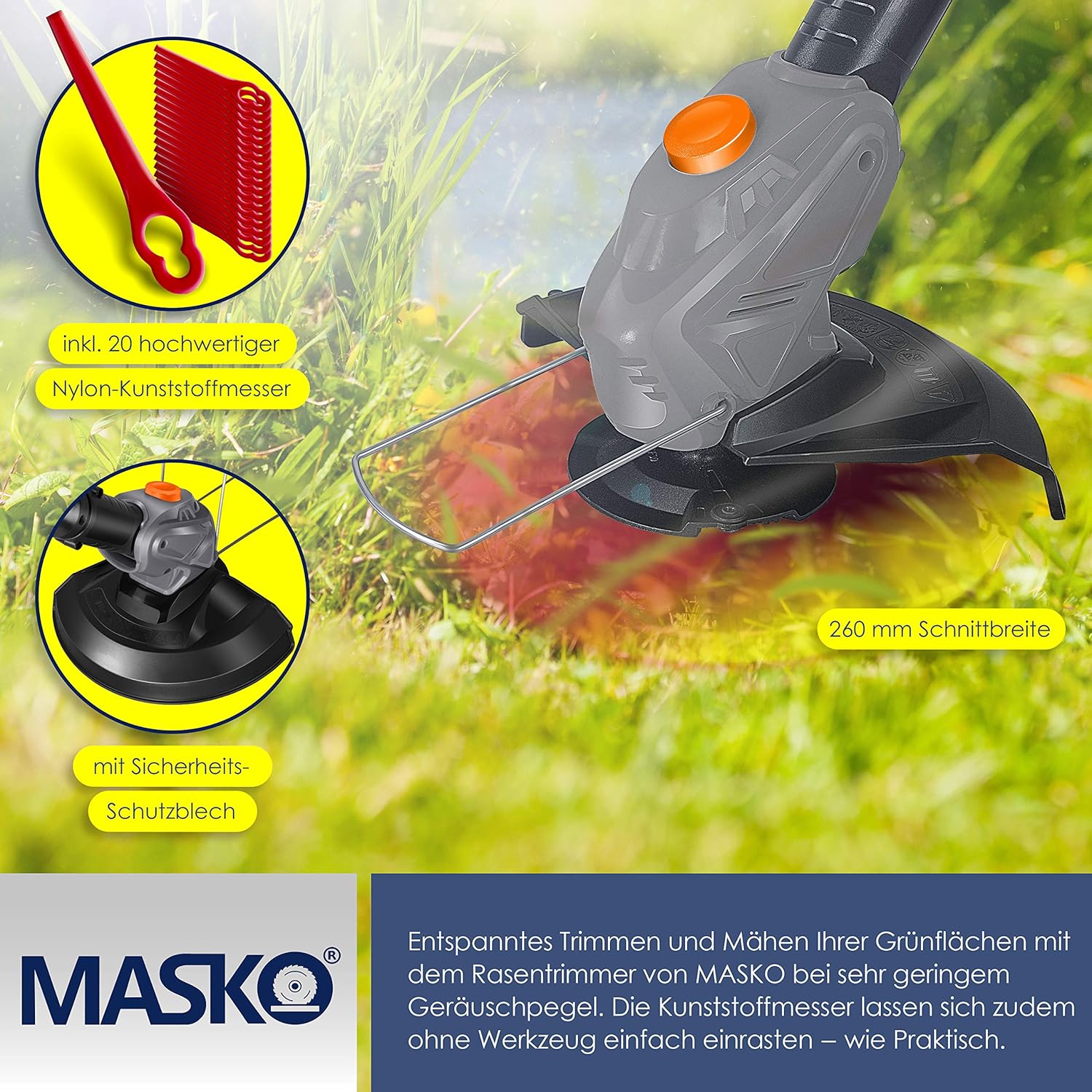 MASKO Decespugliatore a batteria con batteria al litio da 20 V, batteria da 2,0 Ah e caricabatterie, larghezza di taglio 26 cm, angolo di taglio 180°, manico telescopico e impugnatura aggiuntiva, incl. 20 lame in plastica, grigio