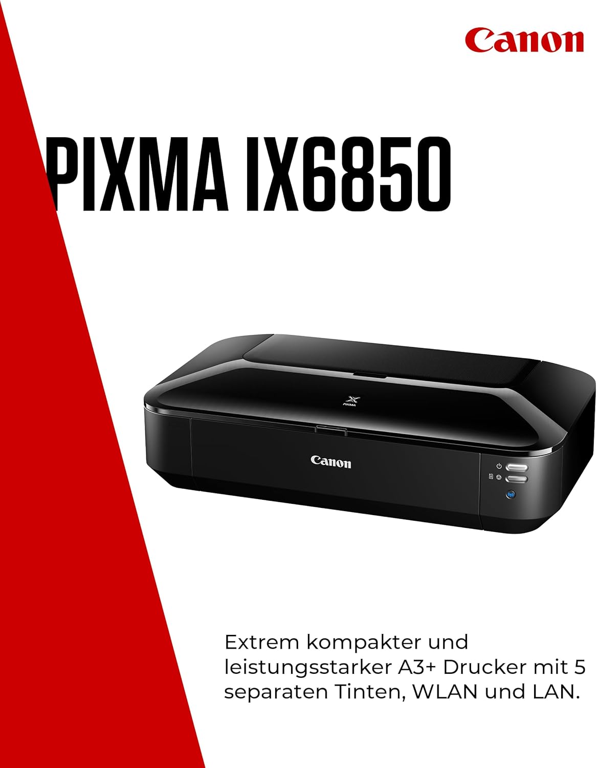 Canon PIXMA iX6850 Stampante Multifunzione a Getto d'Inchiostro a Colori A3+ (Stampante per Ufficio, Stampa Fotografica, Stampa Testo, 9.600 x 2.400 DPI, WiFi, WLAN, USB, 5 Inchiostri Separati, Stampa Diretta, App di Stampa) Nera