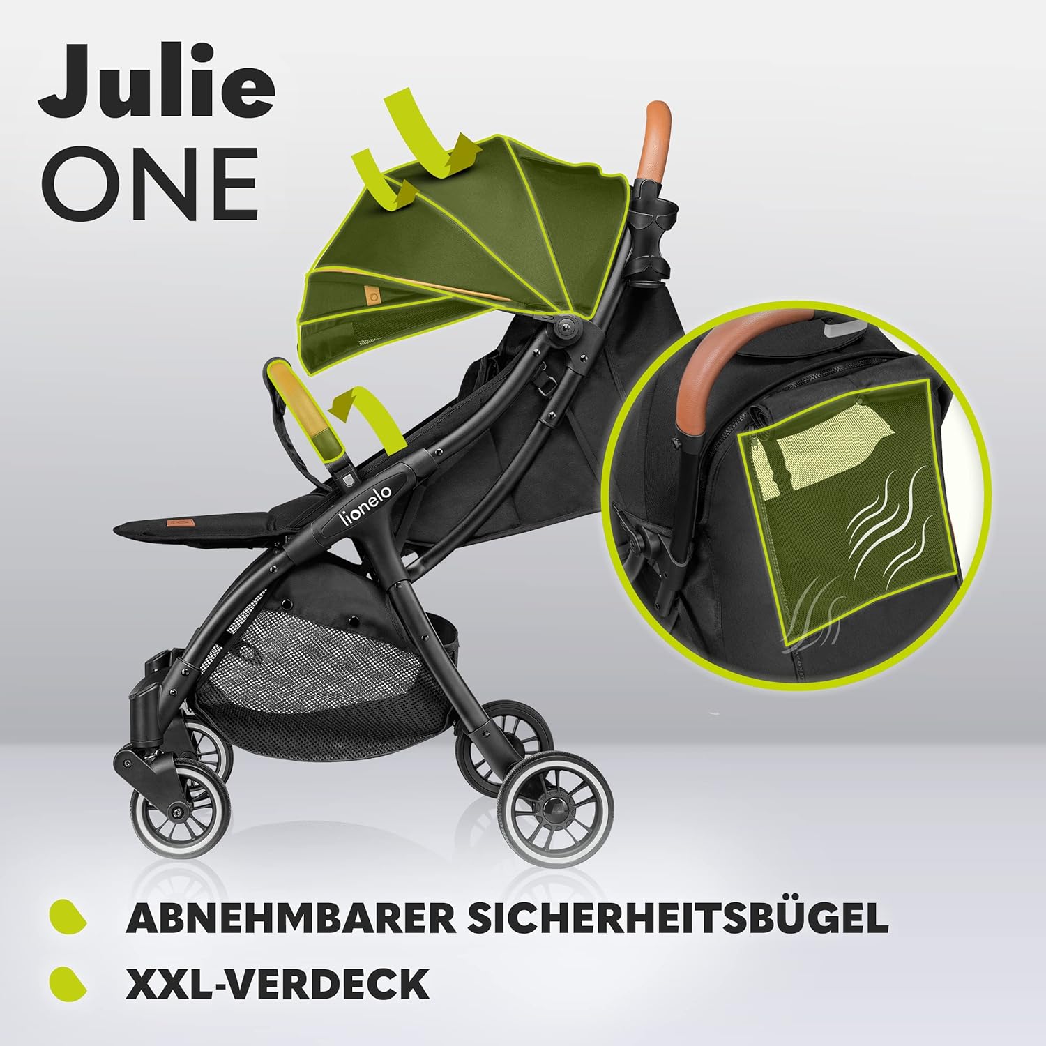 LIONELO Julie One Passeggino da 0 a 22 kg, schienale e poggiagambe regolabili, zanzariera, coprigambe, portabicchieri e borsa da trasporto, pieghevole
