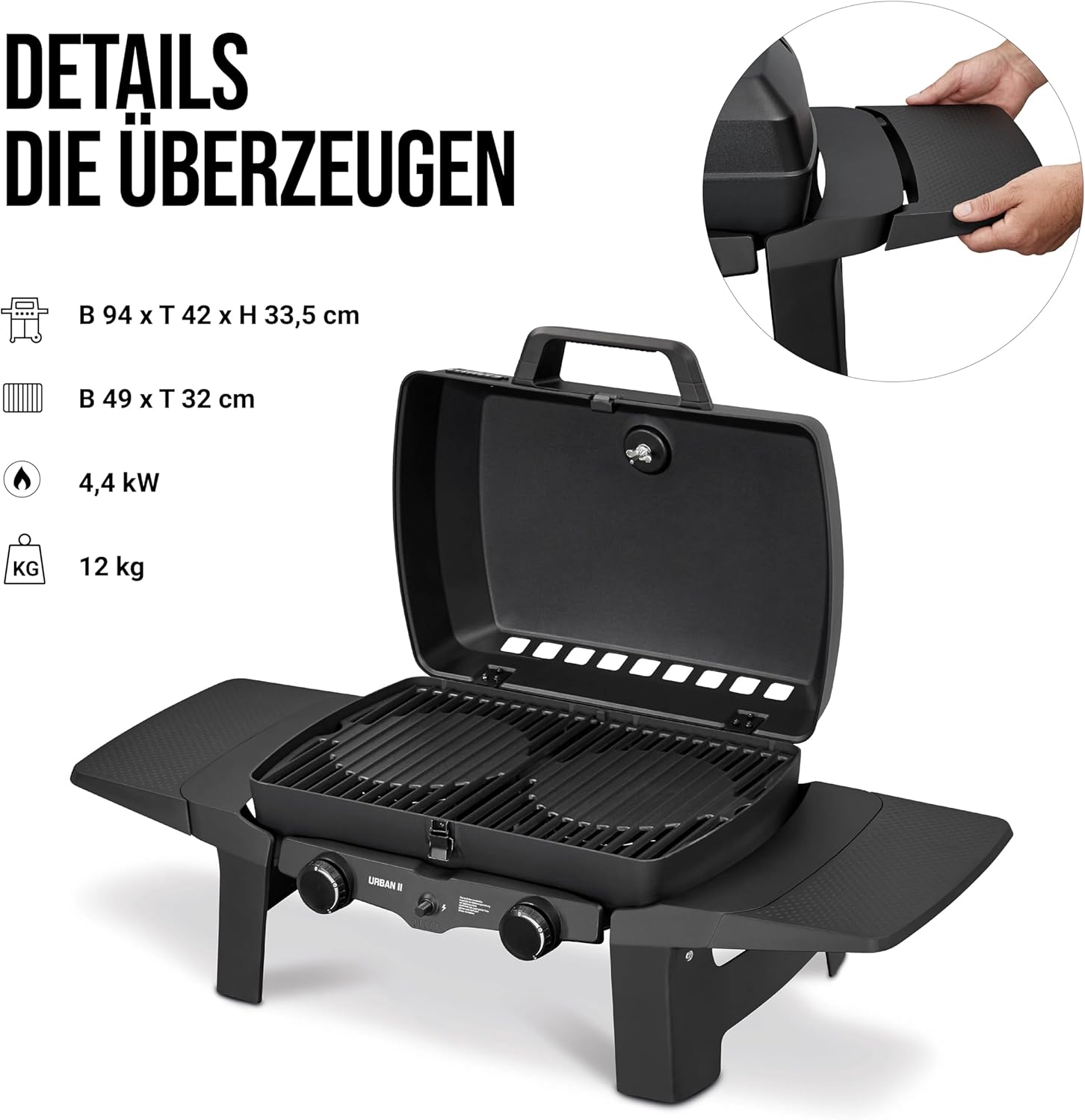 Enders Gasgrill Urban II Pro, barbecue da tavolo, funzione grill, cottura e forno, 2 bruciatori in acciaio inox, con termometro per grill, barbecue da balcone e campeggio, corpo in alluminio pressofuso, griglia in ghisa, #2062