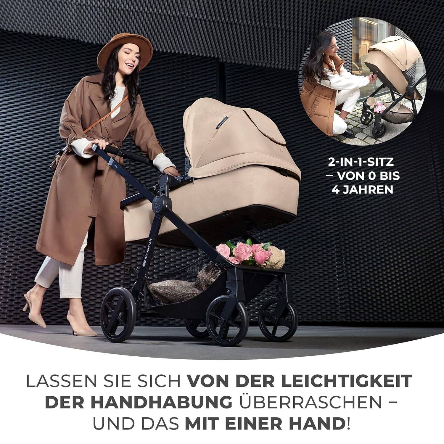 Kinderkraft NEWLY Kinderwagen 3 in 1, Komplettset bis 22 kg, Kindersitz I-Size 40-75 cm im set, Kombikinderwagen mit Fußsack, wasserfestes Verdeck mit UPF50+, Zusammenklappen, Liegeposition, Beige