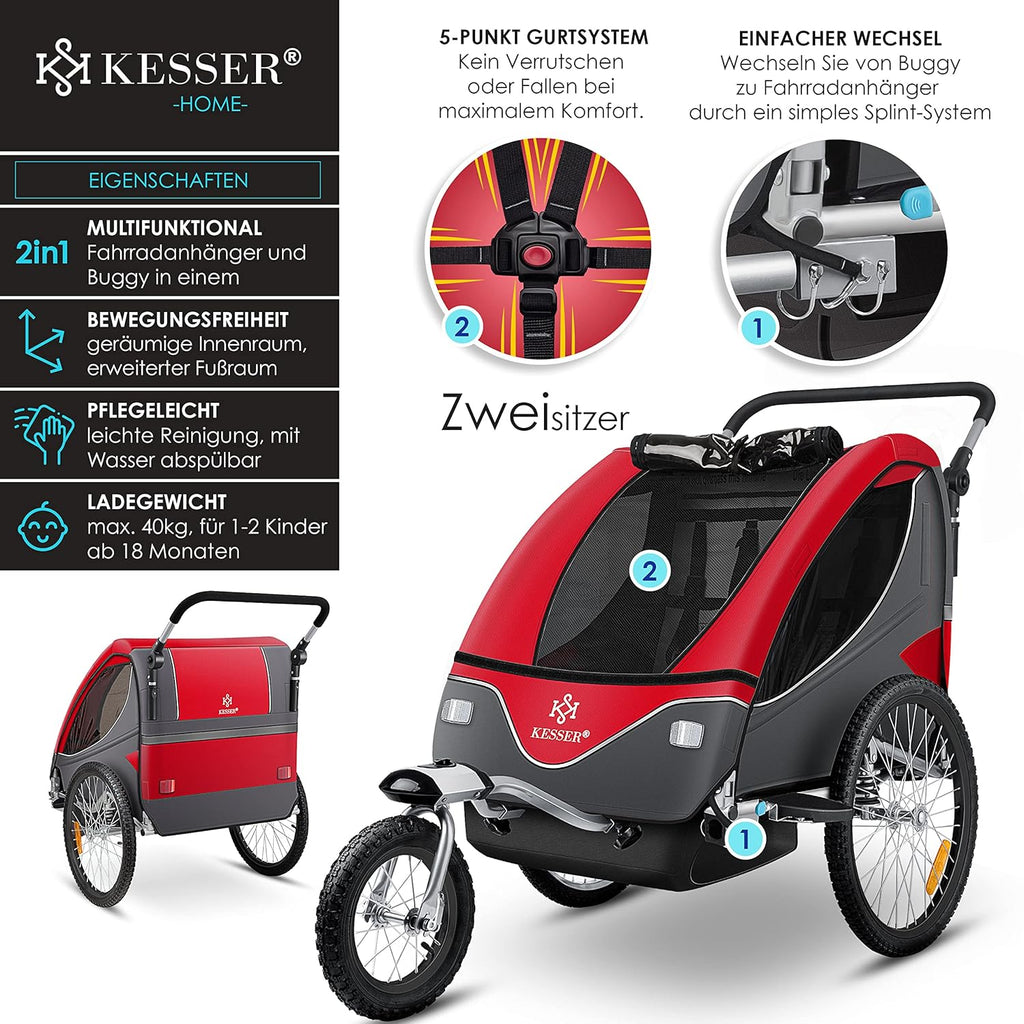 KESSER® Kinderanhänger Fahrradanhänger 360° Drehbar mit Federung 2in1 Joggerfunktion Kinderfahrradanhänger + 5-Punkt Gurt Jogger Fahrrad Anhänger für 1 bis 2 Kinder max. 40kg Inkl. Warnfahne, Schwarz