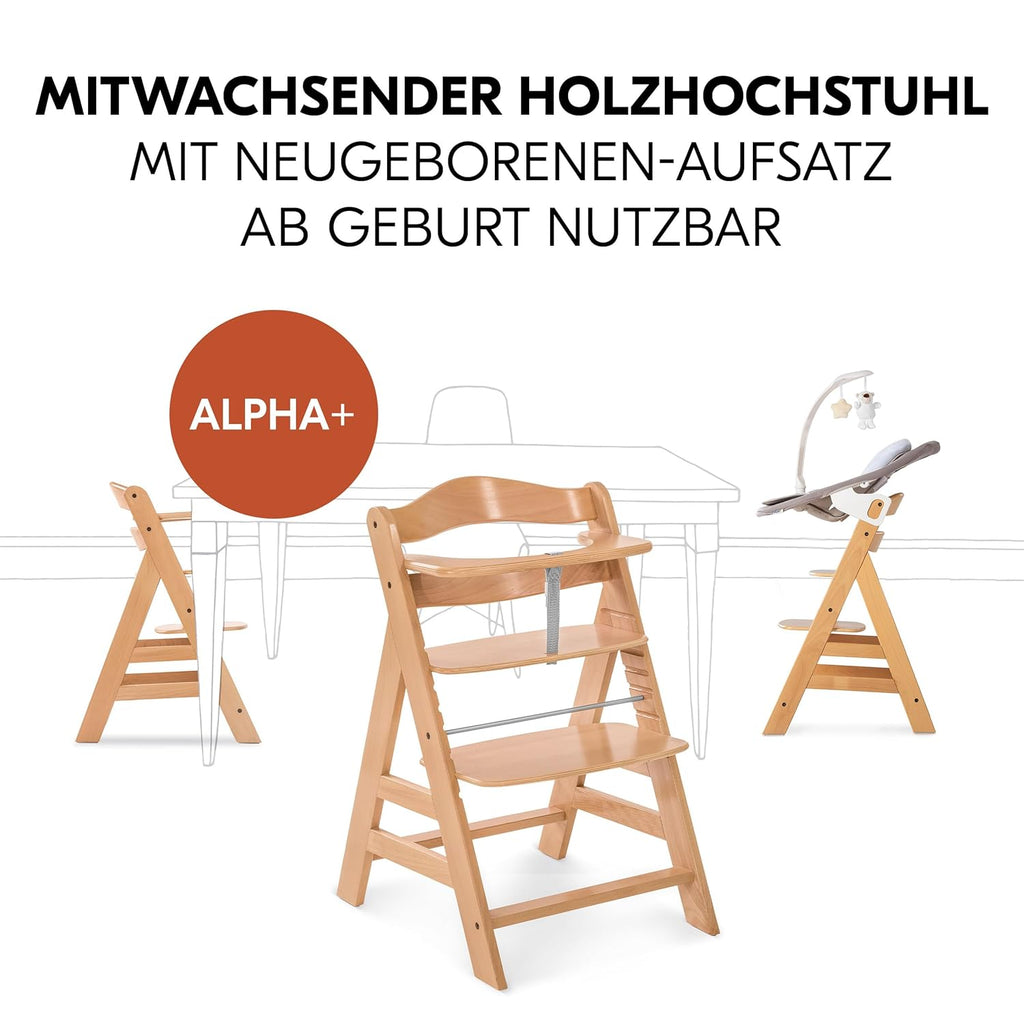 hauck Alpha Plus Newborn Set Deluxe - Seggiolone Pappa Legno da Nascita con Funzione Sdraietta - include Sdraietta per Neonato & Cuscino - Evolutivo, Regolabile - Dark Grey