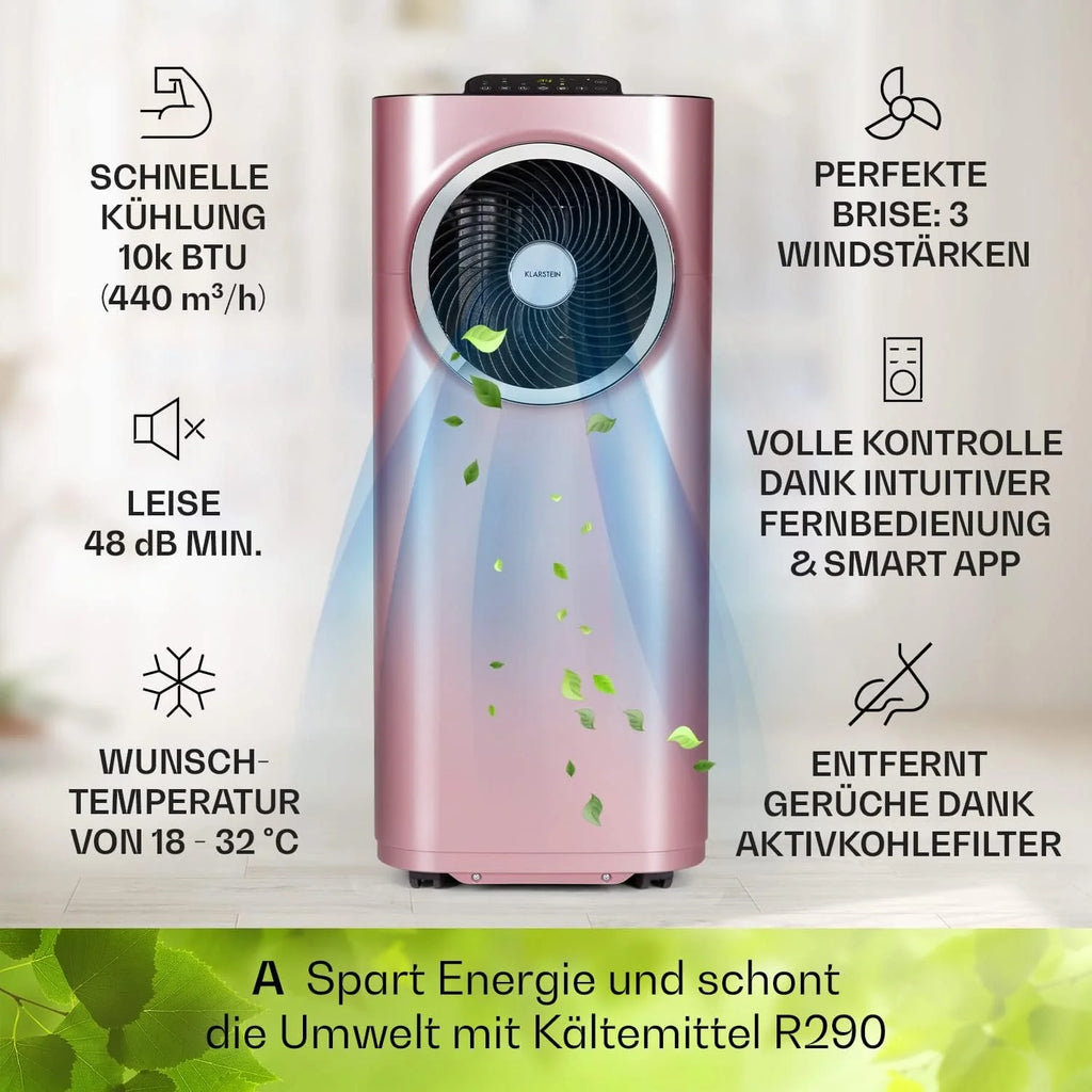 Klarstein Condizionatore Portatile 5-in-1 con Tubo di Scarico, Ventilatore, Deumidificatore, Purificatore d'Aria e Modalità Notturna, Controllo tramite App, Piccolo e Portatile, per Casa e Ufficio, 12000 BTU