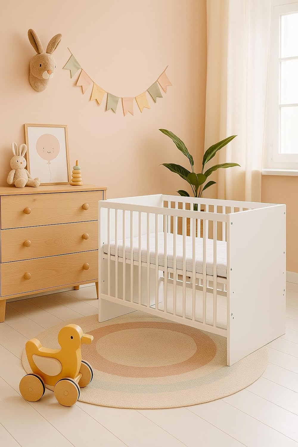KMbaby Lettino TANY Bianco 120 x 60 cm con Materasso - Lettino per Neonati con Rete a Doghe Regolabile in 3 Altezze - Legno di Pino Verniciato