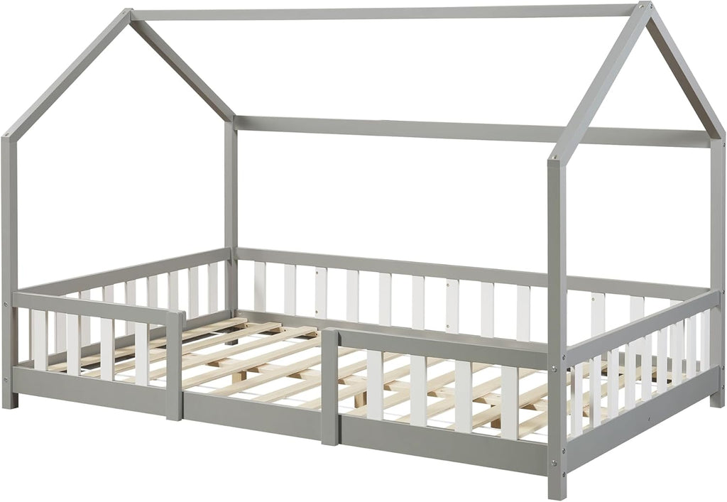 [en.casa] Letto per bambini Sisimiut a capanna 80 x 160 cm con protezione anticaduta letto in legno per bambini letto a terra rete a doghe in legno di pino Bianco opaco
