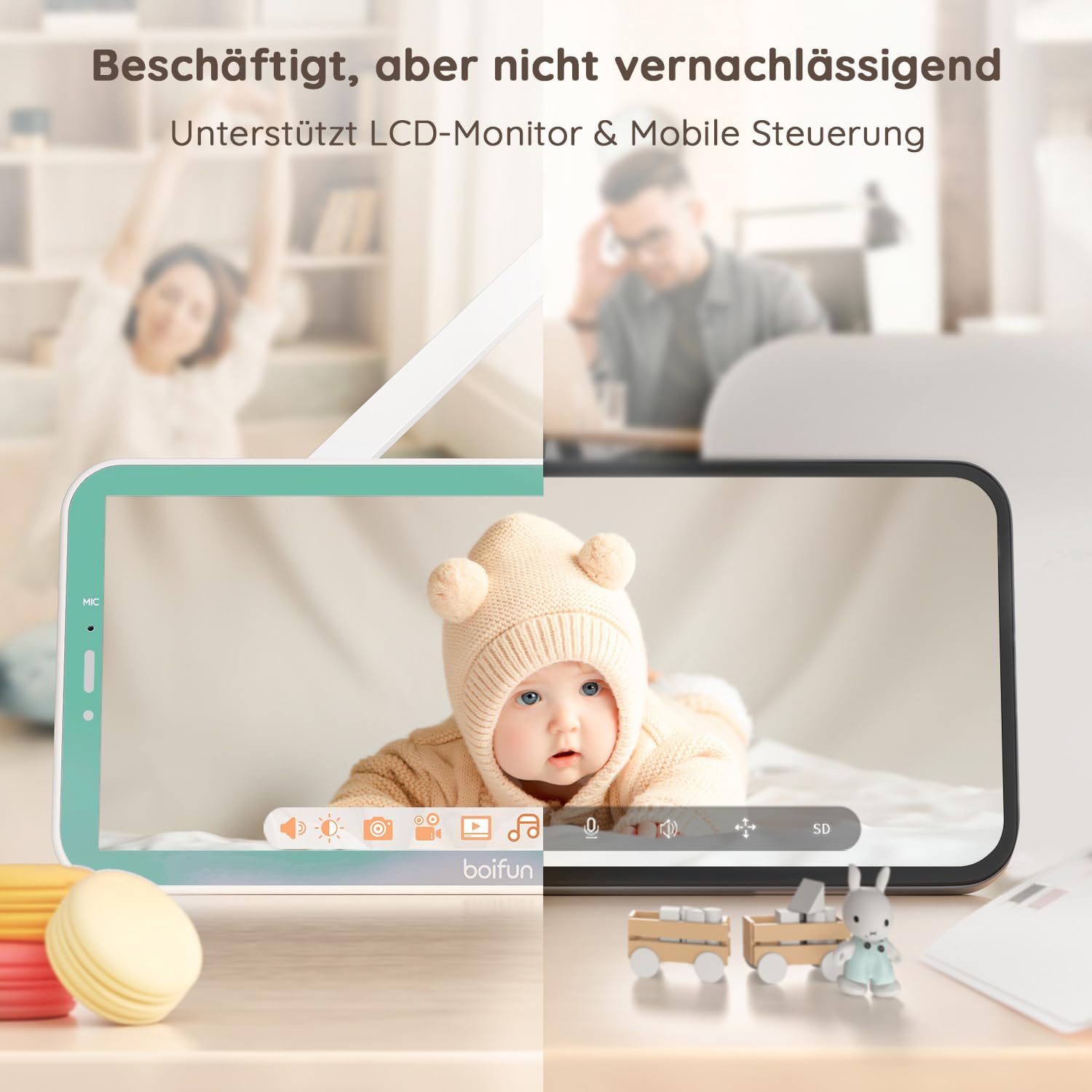 BOIFUN Babyphone mit 2 Kamera App, 2K HD Bild, PTZ 355°/60°, 4×Zoom, Automatische Verfolgung, Weinen/Bewegungs/Geräuscherkennung, Temperatur und Feuchtigkeitsmessung