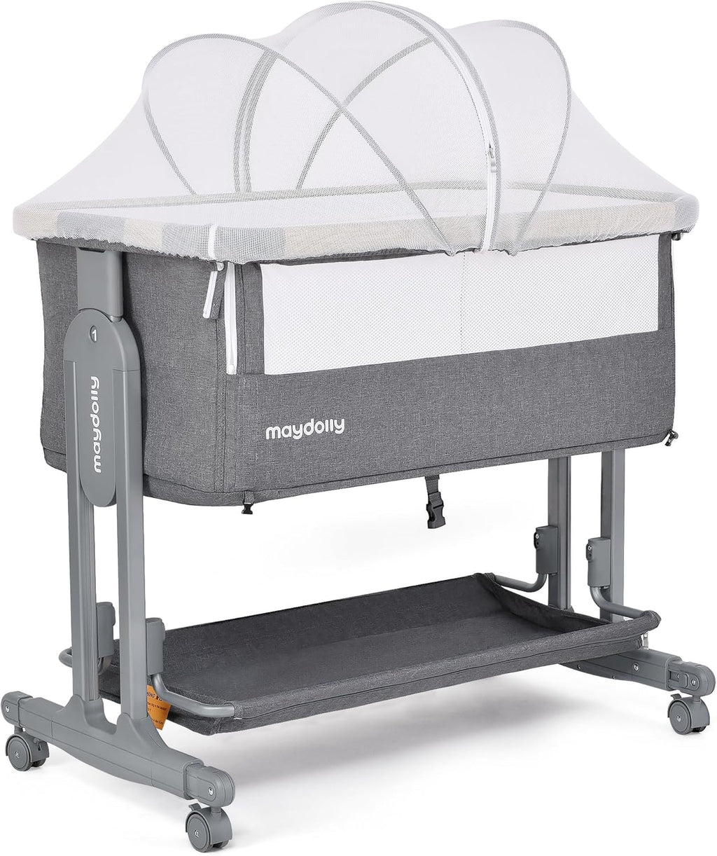Maydolly Baby Beistellbett,3 in 1 Babybett mit Aufbewahrungskorb, Tragbare Krippe mit Rädern, Höhenverstellbar, Krippe mit Moskitonetz und Matratze für Säuglinge/Neugeborene,Grau
