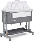 Maydolly Baby Beistellbett,3 in 1 Babybett mit Aufbewahrungskorb, Tragbare Krippe mit Rädern, Höhenverstellbar, Krippe mit Moskitonetz und Matratze für Säuglinge/Neugeborene,Grau