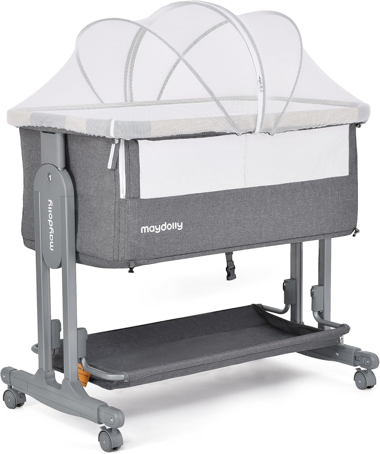 Maydolly Baby Beistellbett,3 in 1 Babybett mit Aufbewahrungskorb, Tragbare Krippe mit Rädern, Höhenverstellbar, Krippe mit Moskitonetz und Matratze für Säuglinge/Neugeborene,Grau