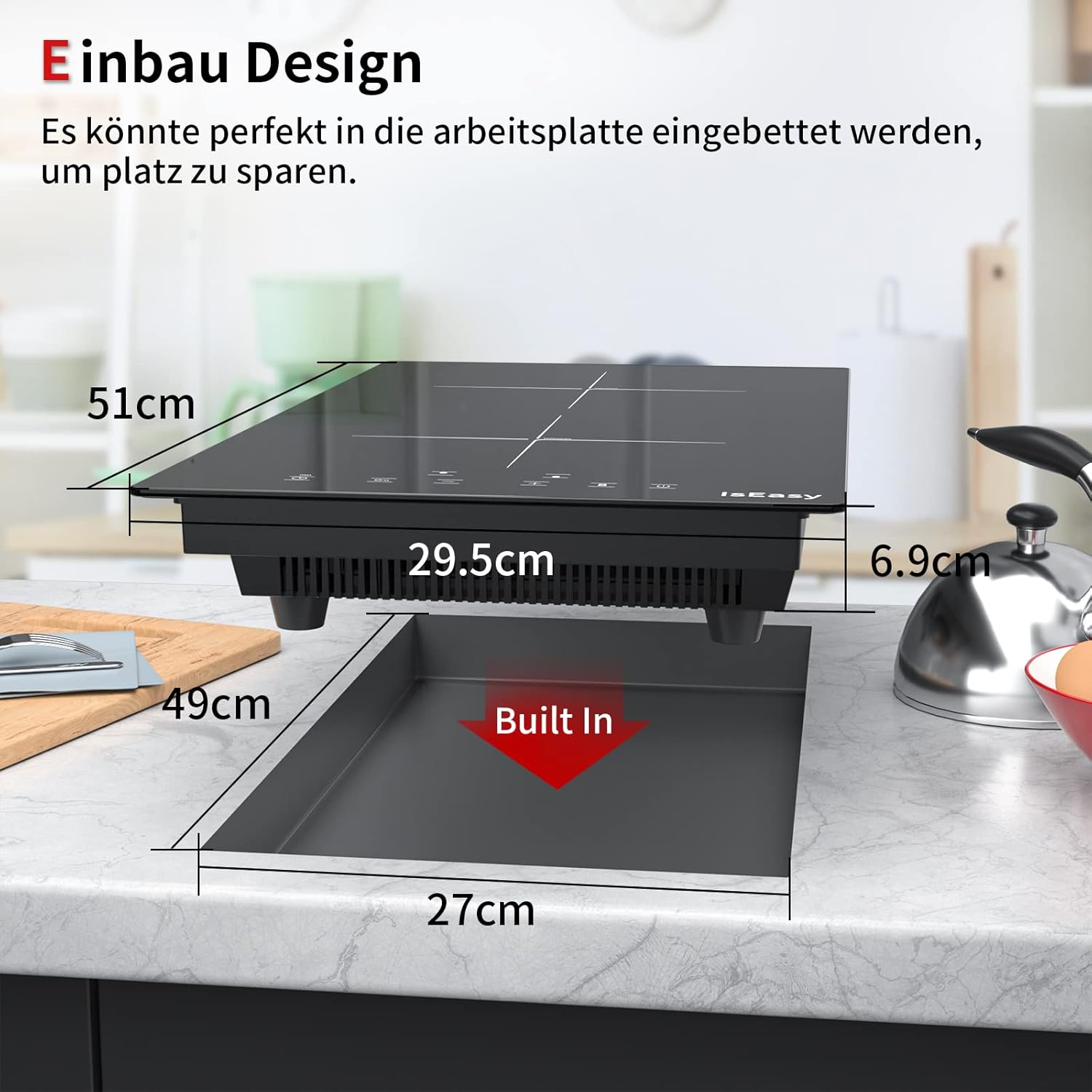 IsEasy 4 Zonen Einbau Induktionskochfeld mit 9 Leistungsstufen &1-99Min Timer, Boost-Funktion, Induktionskochplatte, Induktion Herdplatte mit 4 Platten, 60cm, 6800W, Schwarz