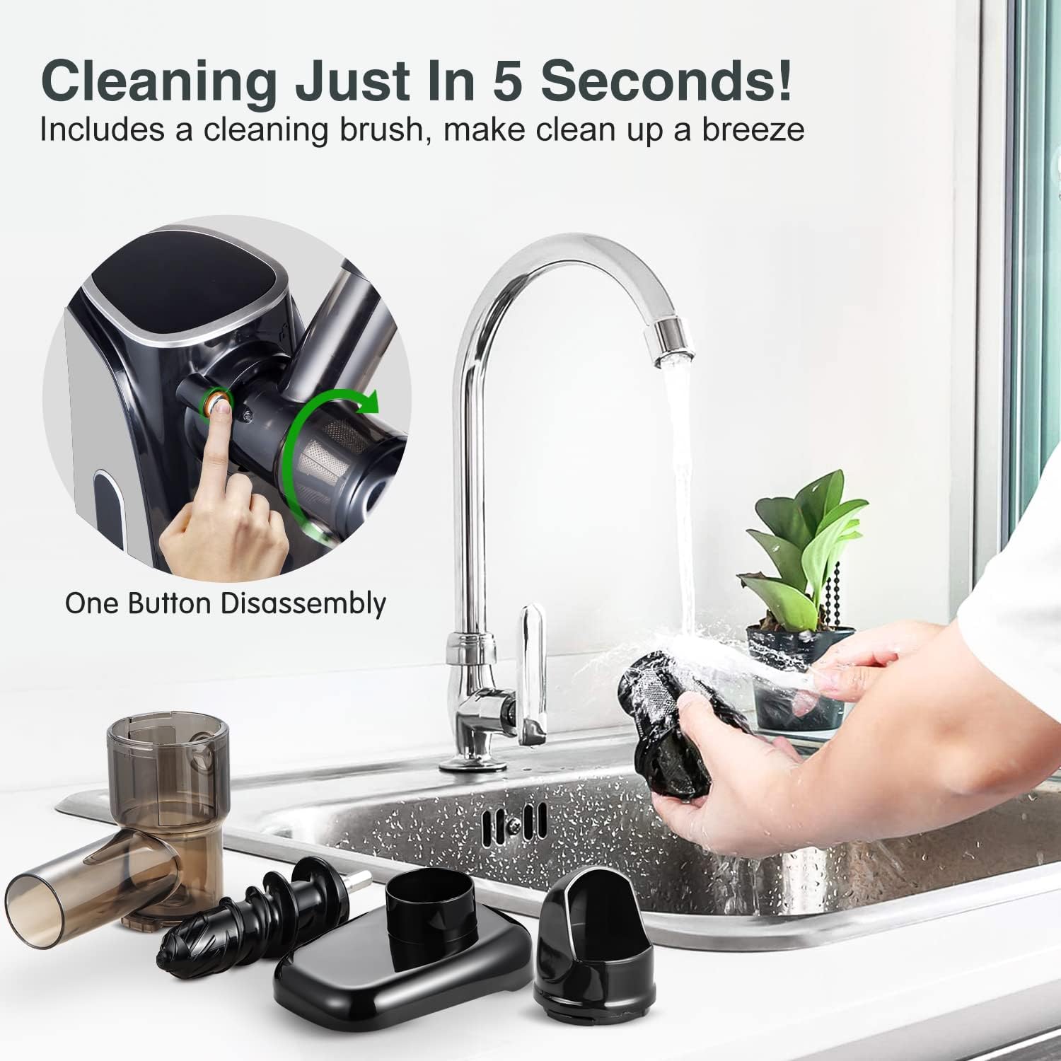 AMZCHEF Estrattore di Succo per Frutta e Verdura con 2 Modalità di Velocità - Slow Juicer con Bottiglia Portatile e 2 Tazze - Cold Press Juicer Senza BPA con LED Intelligente e Funzione di Inversione - Nero