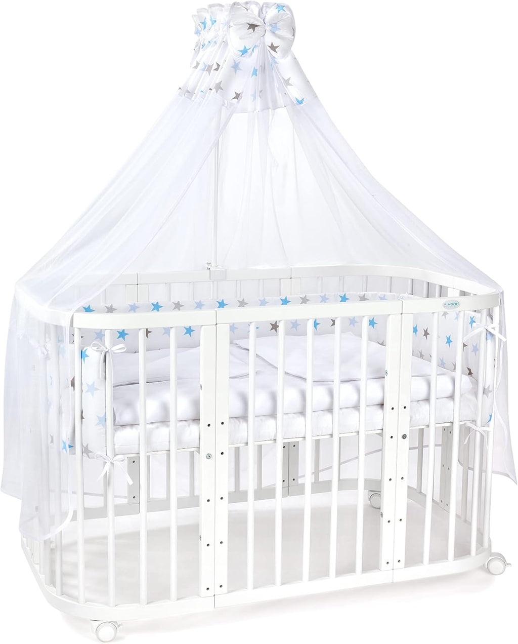 Waldin Lettino per bambini in legno 7in1 con materasso, Letto "Cresci con me", Ventilato, Base regolabile in 5 altezze, Set All-Inclusive, Legno Bianco