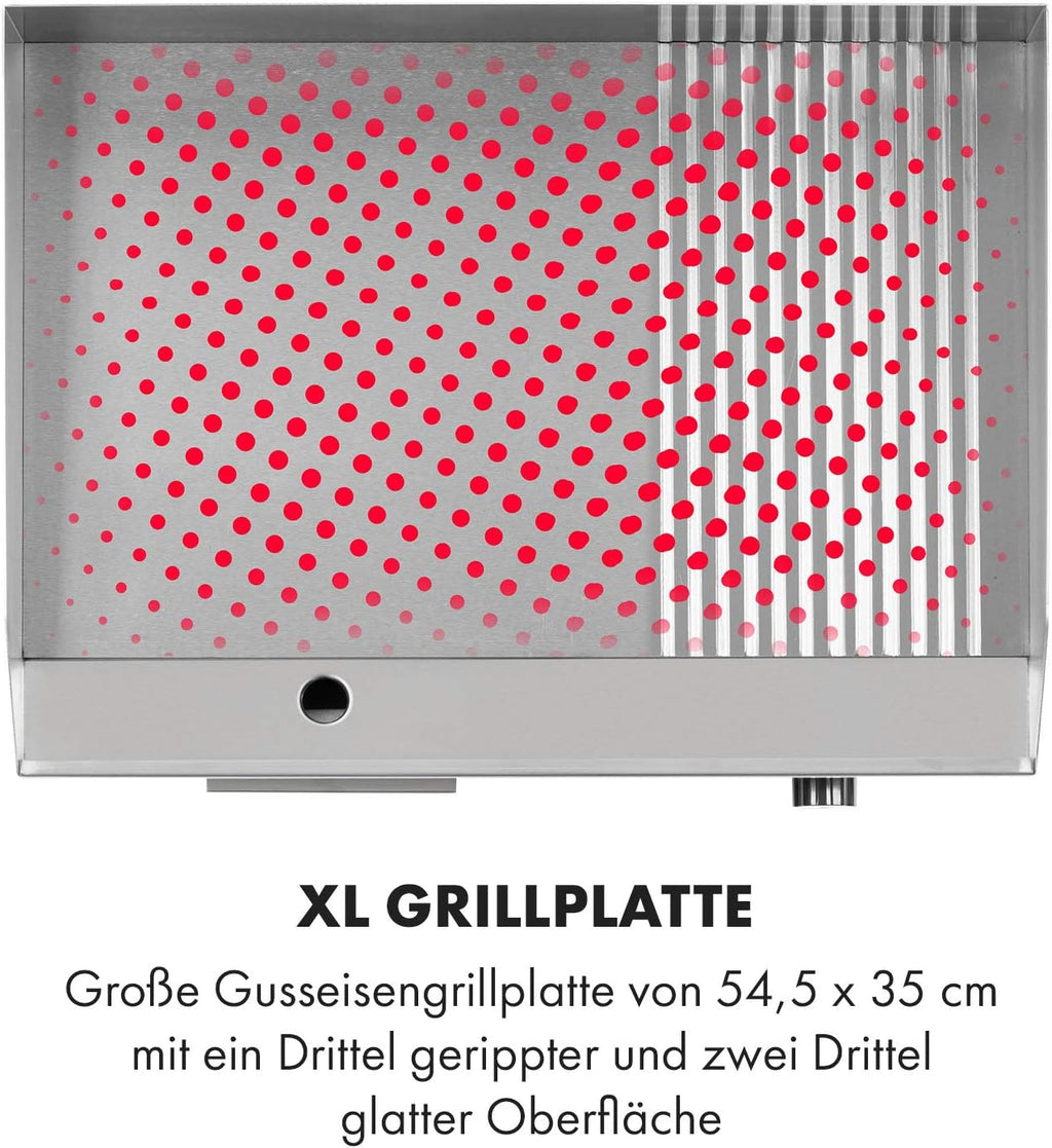 Klarstein Elektrogrill, Grillplatte, Elektrische Grillplatte, Tischgrill, Elektrogrill aus Edelstahl, Spritzschutz & Auffangbehälter, Glatte XL Grillfläche: 54,5x35 cm, Stufenlos 50-300 °C, 3000 Watt